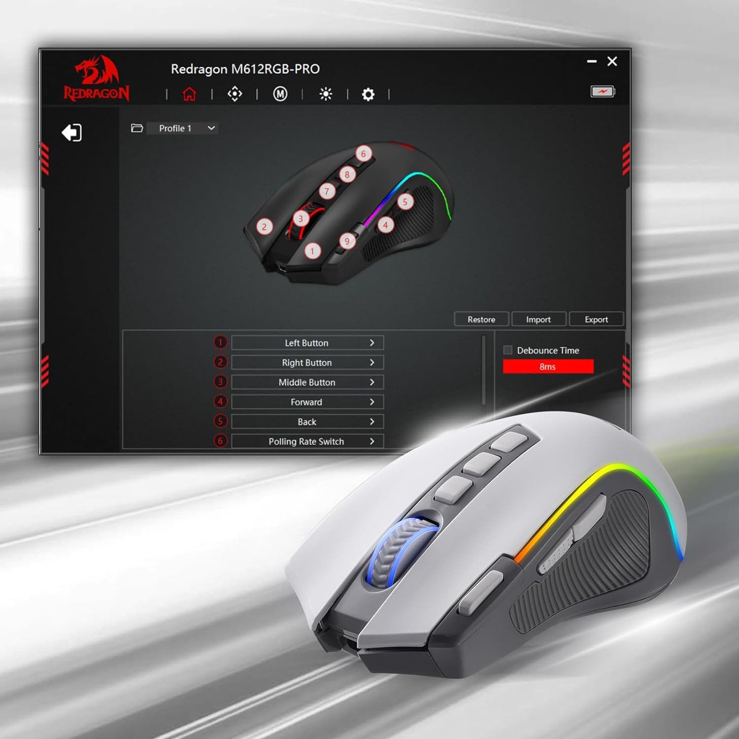 Redragon M612 Maus, RGB, 2,4 GHz/Bluetooth/Kabelgebunden, 8000 DPI Gaming-Maus (Bluetooth, Funk, kabelgebunden, 9 Programmierbare Tasten, Schnellfeuer, 3-Modus-Verbindung)