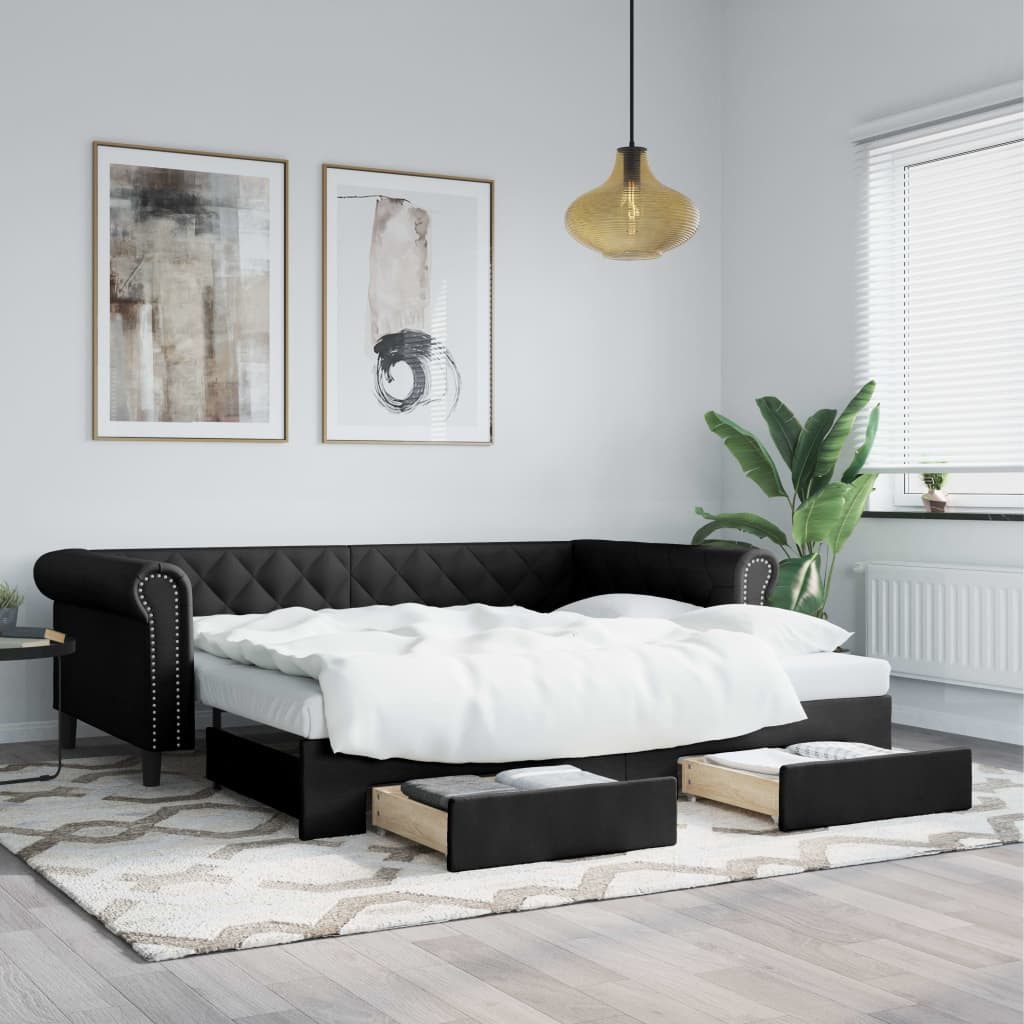 vidaXL Daybed, Tagesbett Ausziehbar mit Schubladen Schwarz 90x200cm Kunstleder