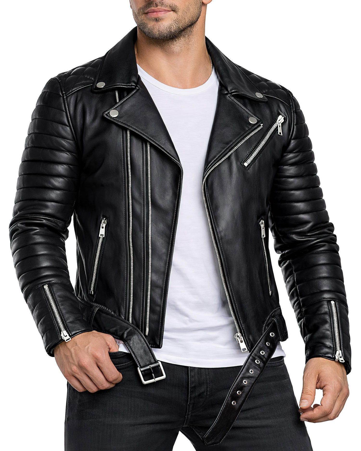 Reichstadt Lederjacke Herren slim fit Bikerjacke Silver Zipper RS001LUX Black L im Bikerstyle mit Silver Zippern