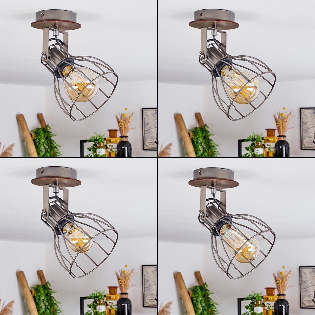 Deckenlampe Metall/Holz hofstein m. Retro/Vintage Wandspot Gitter-Optik in »Palù« 1xE27, im ohne verstellbare aus Design Grau/Braun, Leuchtmittel, Deckenleuchte