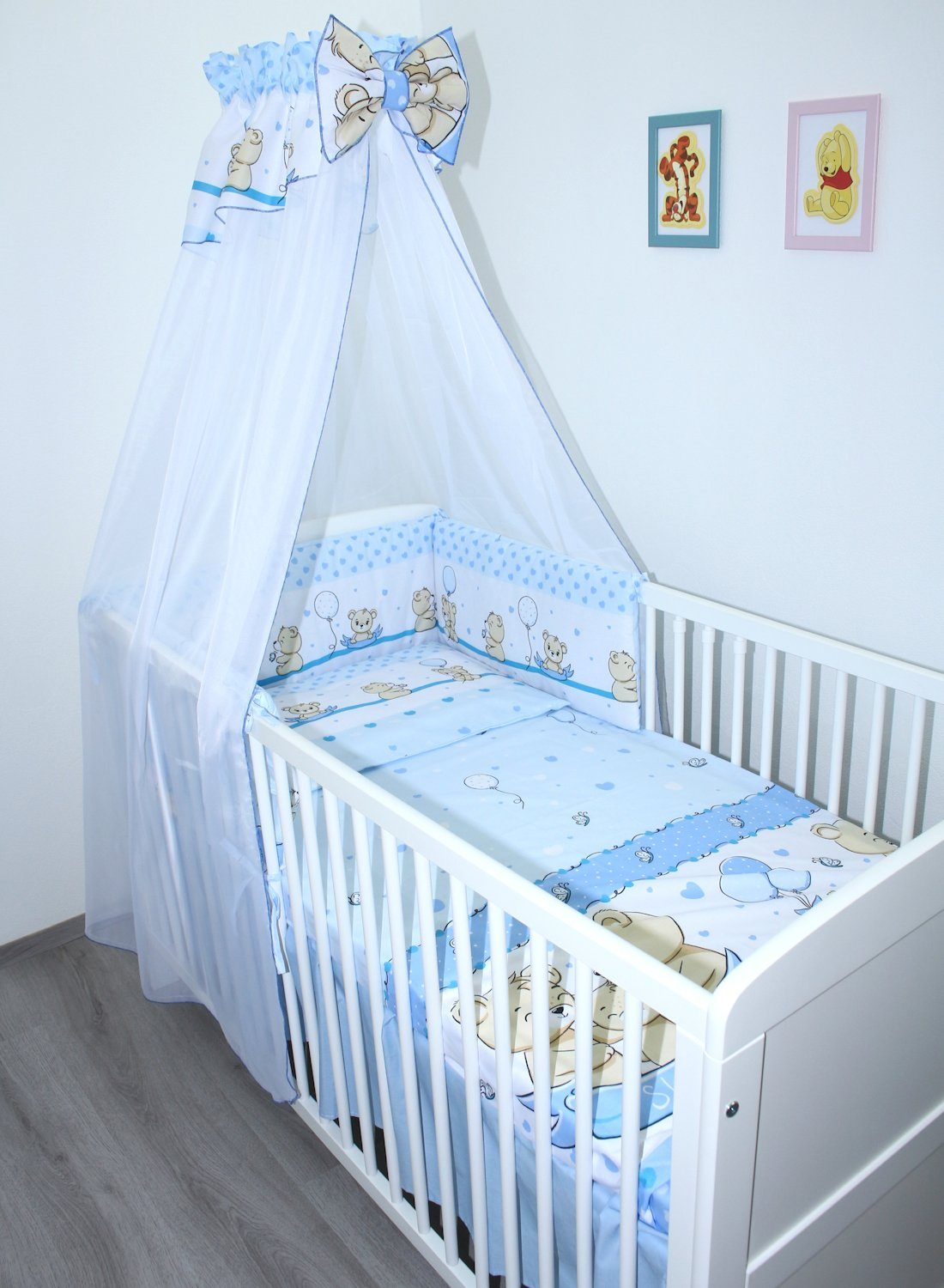 Babybettwäsche Baby Bettset - 6 teiliges Set mit Chiffon Himmel Bettwäsche Nestchen