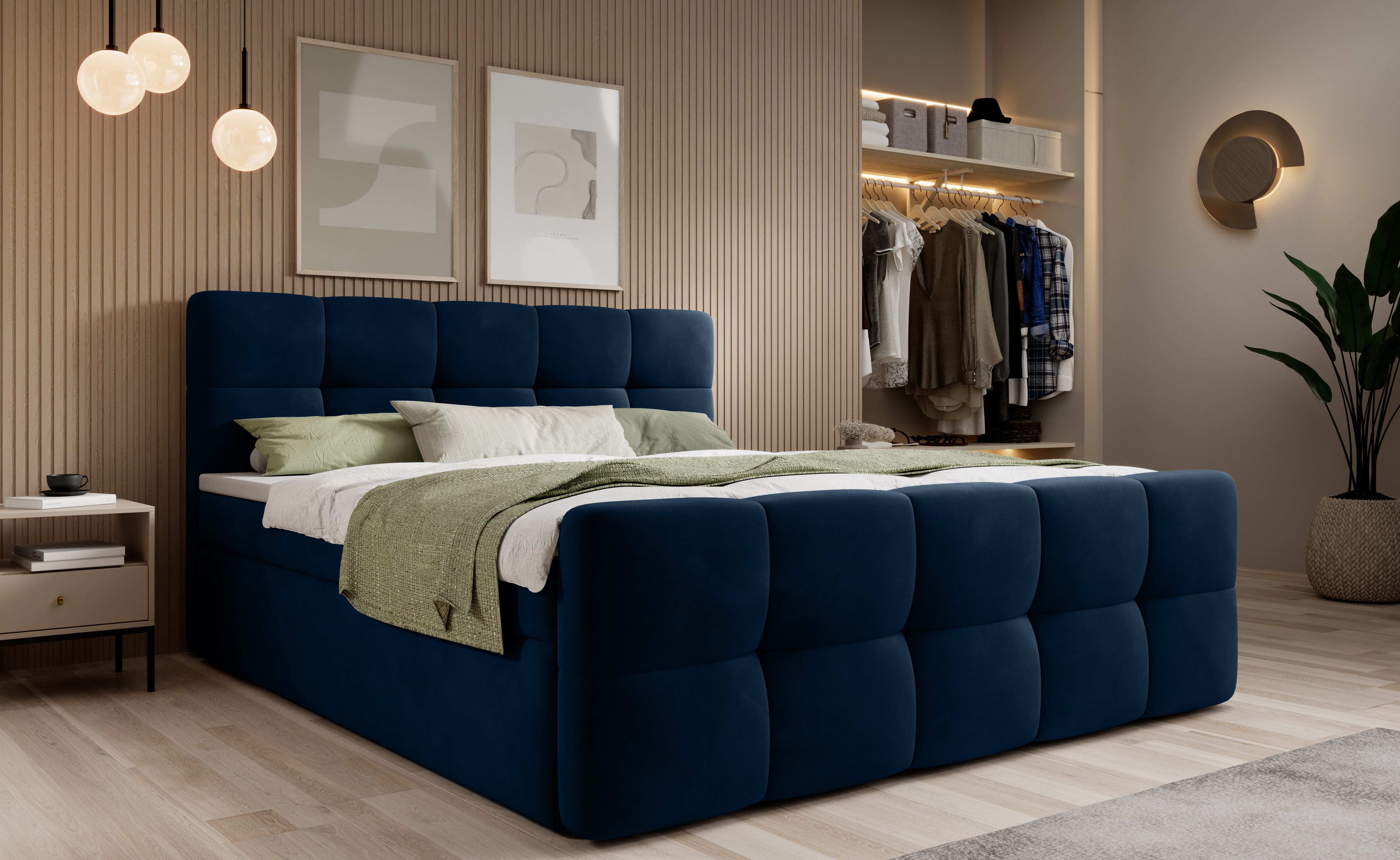 thematys Boxspringbett mit Bettkasten 140x200–200x200 cm – Velours oder Bouclé Bezug – (Polsterbett inkl. Matratze H3 & 3 cm Topper, – Doppelbett mit Stauraum)