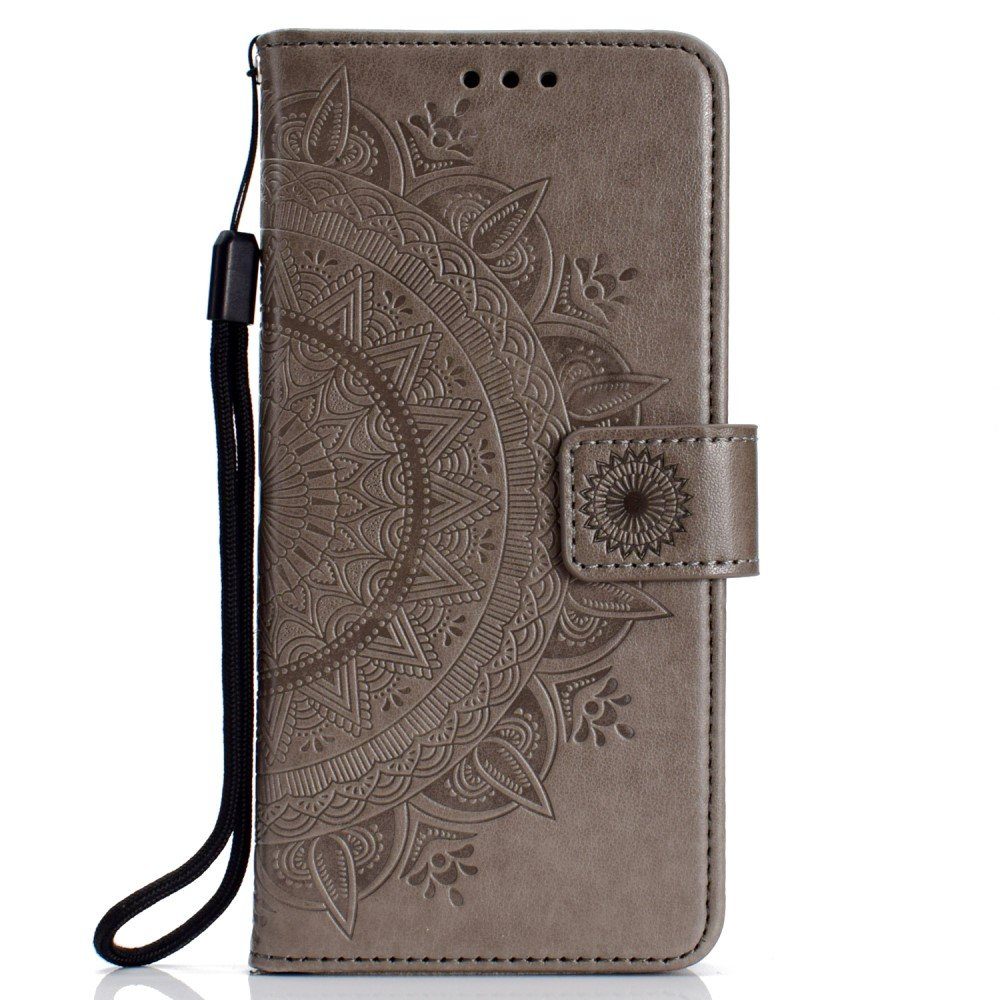 CoverKingz Handyhülle Xiaomi Redmi 9A Handy Hülle Flip Case Cover Handytasche Mandala Grau 16,5 cm (6,5 Zoll), Klapphülle Schutzhülle mit Kartenfach Schutztasche Motiv Mandala
