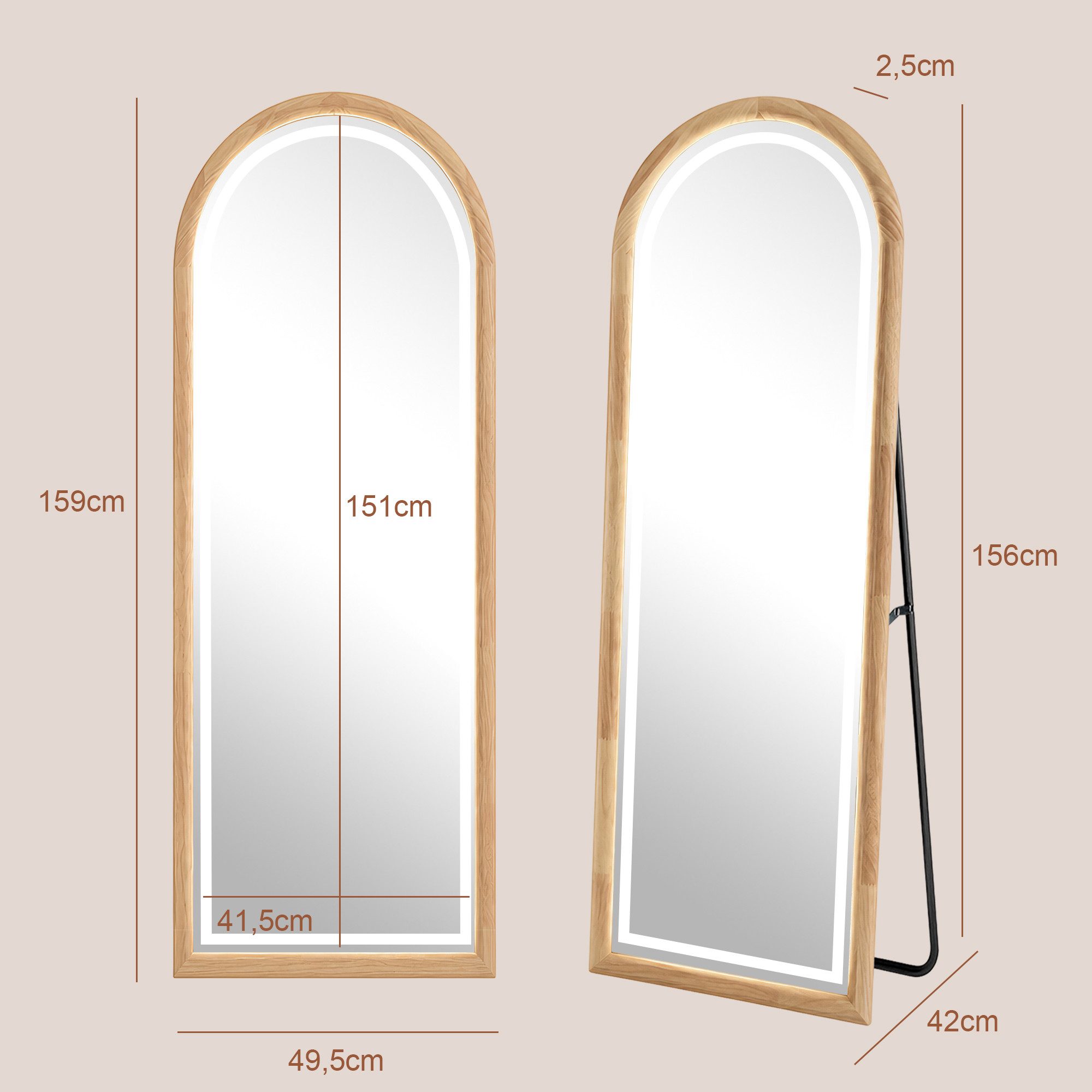 BBWL Ganzkörperspiegel LED-Spiegel, 160x50 cm mit Holzrahmen, bogenförmig, 3 Lichtfarben, 3 Helligkeitsstufen, Standspiegel und Wandspiegel – Bild 2 von 5