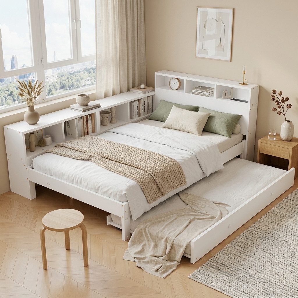 Flieks Massivholzbett, Kinderbett 120x200cm mit Ausziehbett 90x190cm, Aufladen, Stauraum