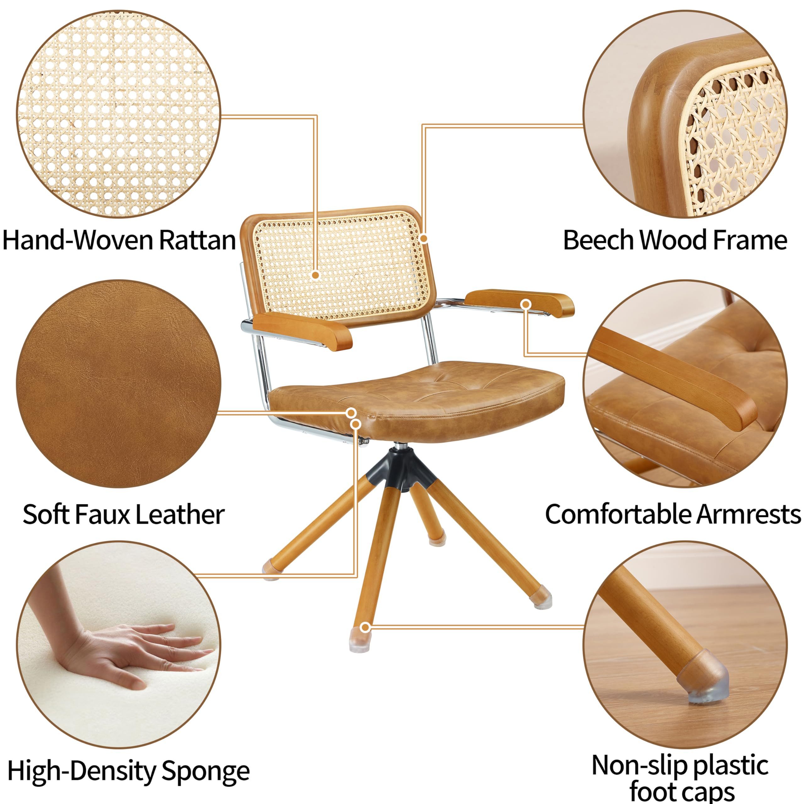 Art Leon Esszimmerstuhl CC058 (Mid Century Modern Drehstuhl ohne Rollen Farbe in Braun/Grün), Grün Kunstleder gepolsterter Bürostuhl mit Holzbeine