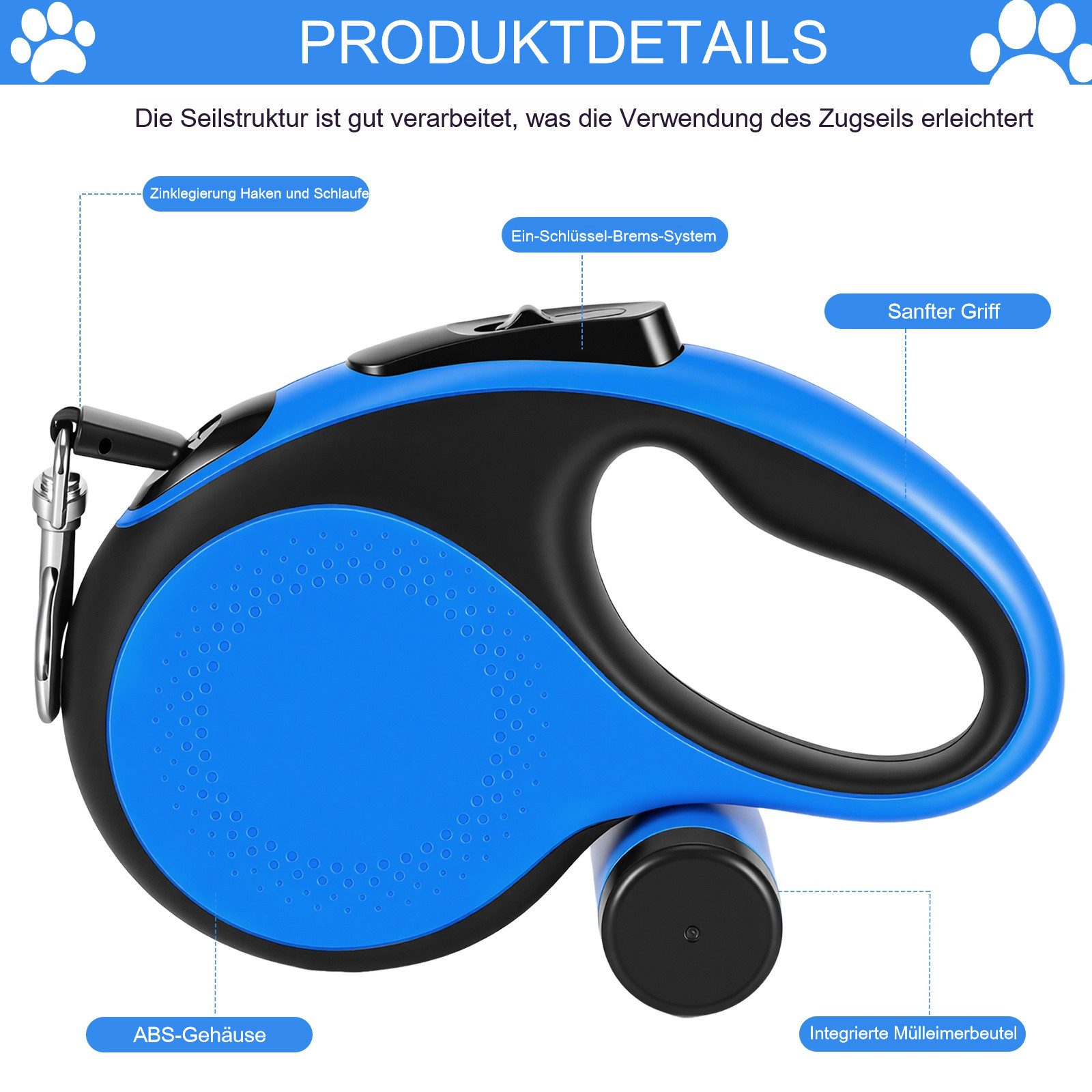 BlingBin Hundeleine Ausziehbare Pet Lead Hundetrainingsleine Robuste mit Kotbeutelhalter, ABS Gehäuse und Nylon Leine (1 Stück, 1-tlg., für Training Spaziergäng – Bild 4 von 5