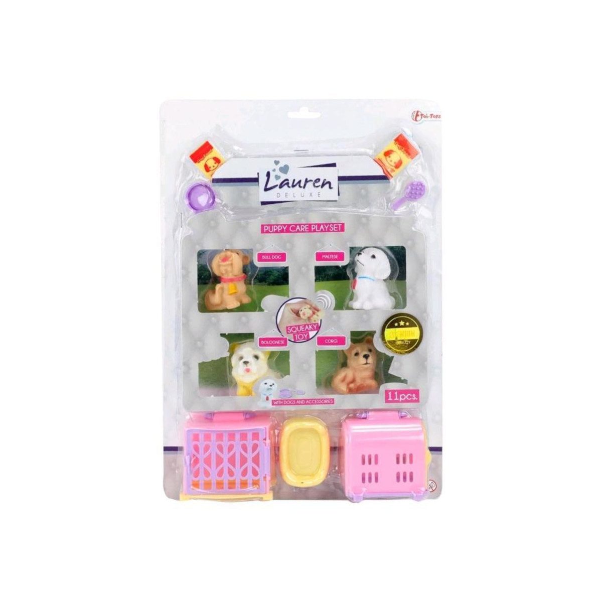 Toi-Toys Spielwelt LAUREN Welpe 4 Stück Hunde Spielset mit Zubehör und Tragekoffer, Vier flexible Welpen
