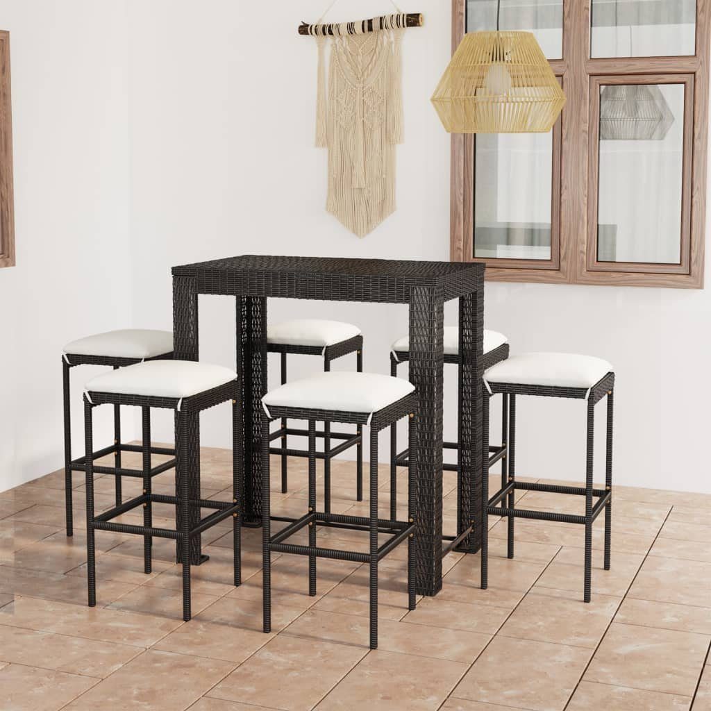 vidaXL Gartenlounge-Set 7-tlg. Gartenbar-Set mit Kissen Poly Rattan Schwarz, (7-tlg)