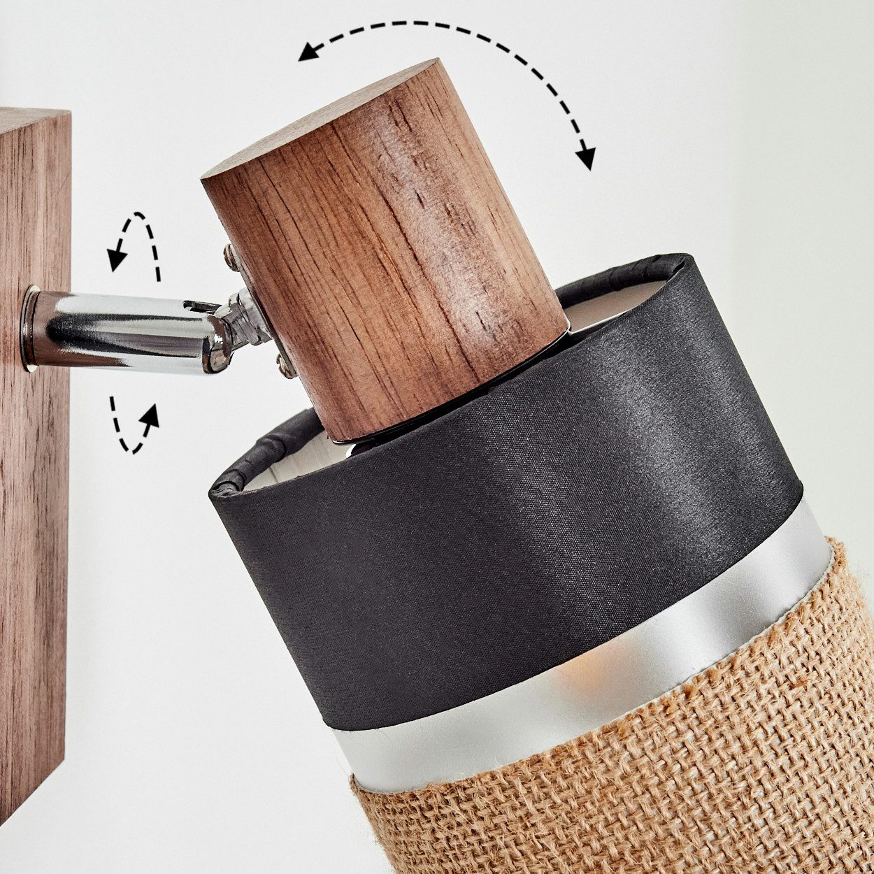 hofstein Wandleuchte Wandlampe aus Holz/Metall/Stoff/Leinen in Natur/Chrom/Schwarz/Klar, ohne Leuchtmittel, verstellbare Wandleuchte im modernen Boho-Design (Schirm 9 cm), E14
