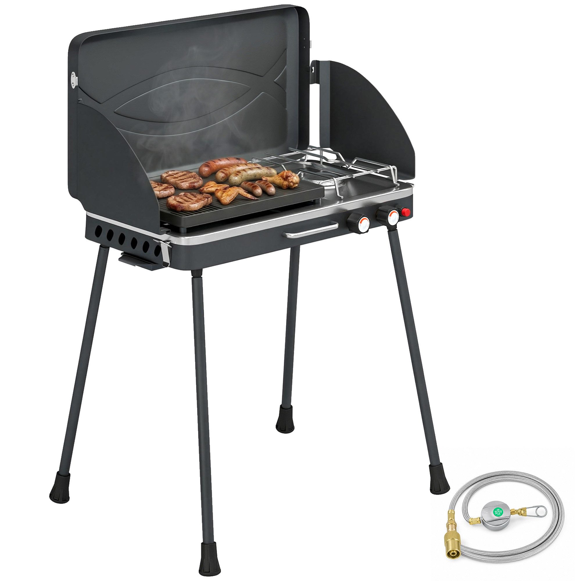 Outsunny Gasgrill mit Braten, klappbar Beine, Grillrost, Windschutz, Deckel, Verschluss, Campinggrill, Tischgrill, für BBQ Camping