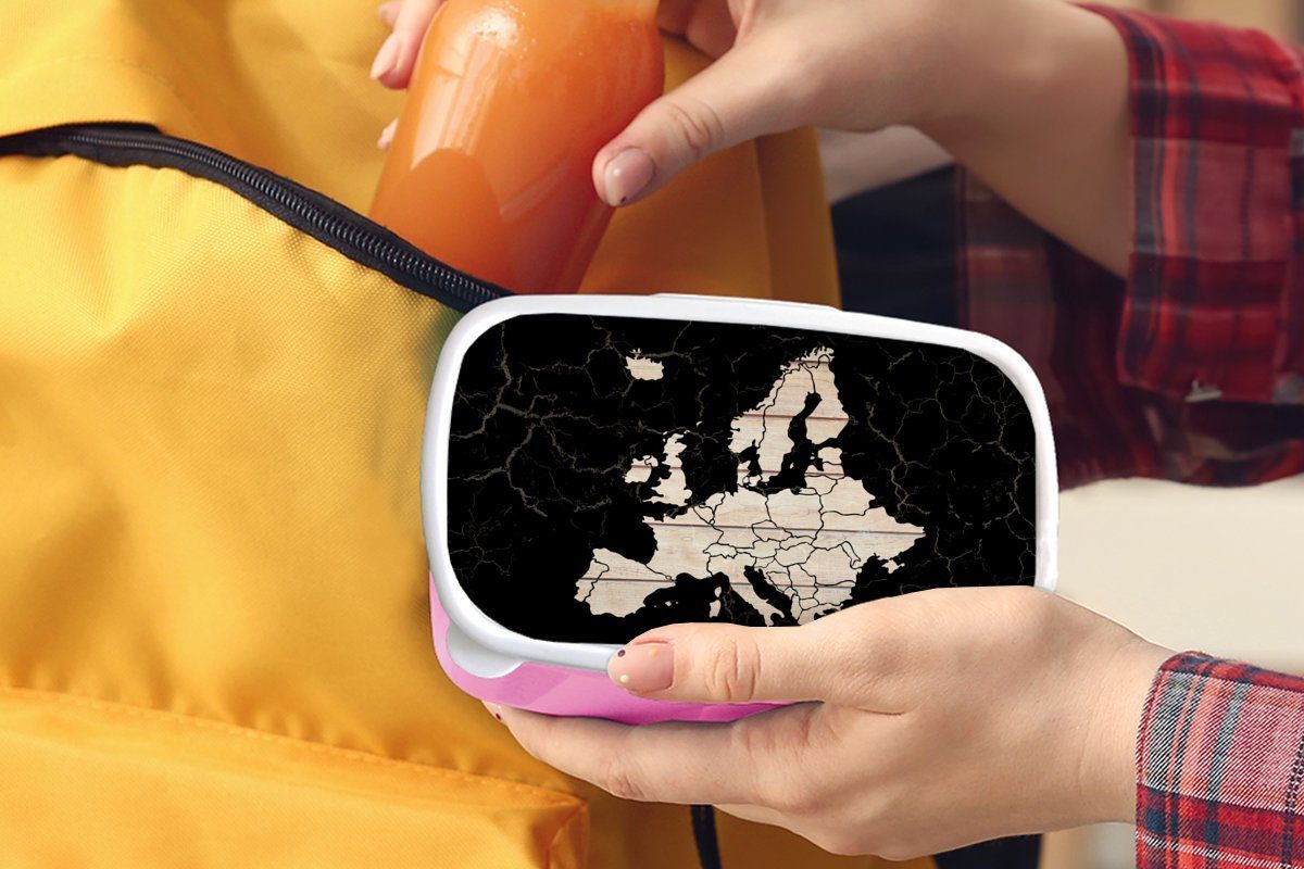 (2-tlg), Mädchen, Holz, Kunststoff Brotbox MuchoWow Europa von Brotdose Erwachsene, - Snackbox, Kunststoff, Kinder, - Schwarz Lunchbox Karte rosa für