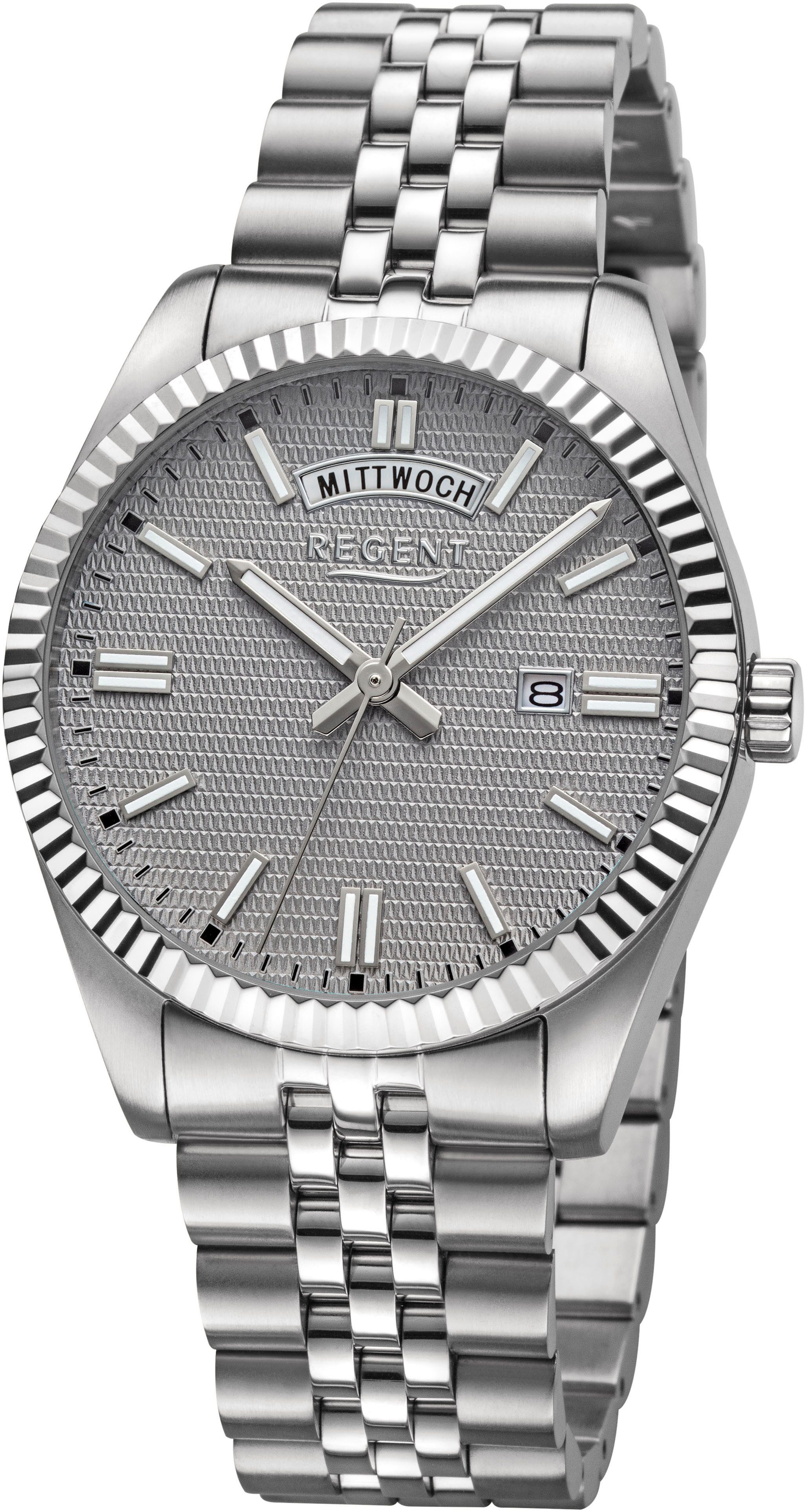 Regent Quarzuhr BA-881 - 1974.44.82, Armbanduhr, Herrenuhr, Edelstahlarmband, analog, Tag, Wochentag