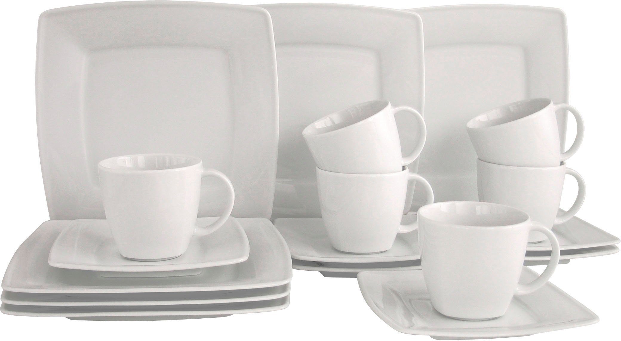 CreaTable Kaffeeservice Victoria Weiss Personen, (18-tlg), Porzellan, quadratische Form abgerundete, 6