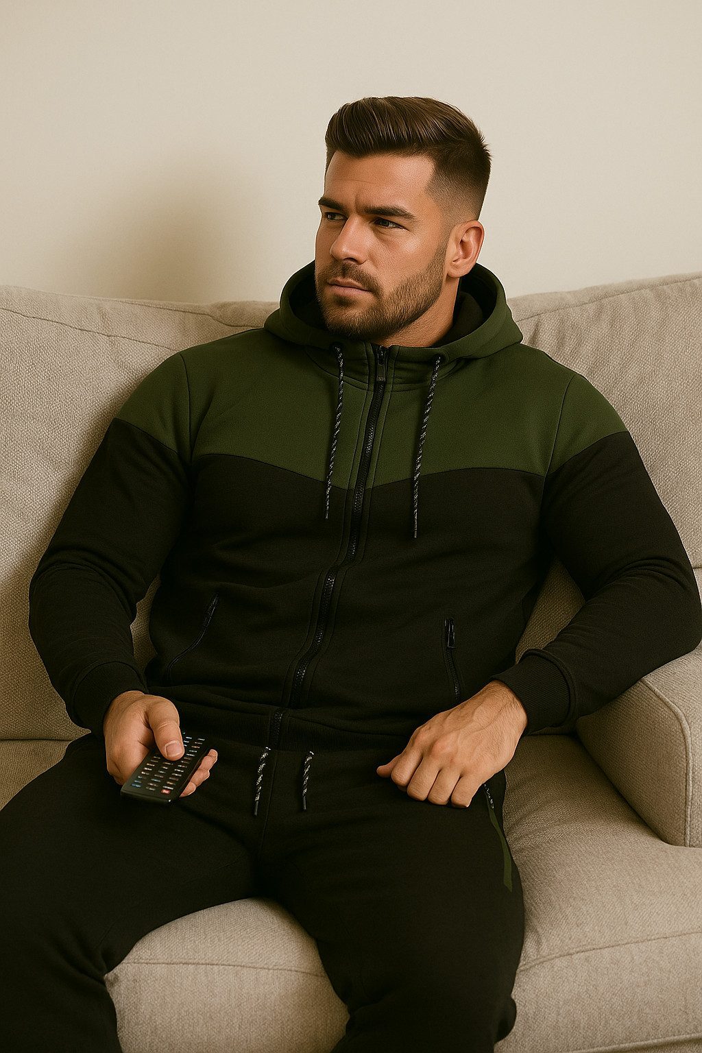 L.gonline Freizeitanzug Herren Jogginganzug, Freizeitanzug 984 Schwarz Oliv M (Kapuzenjacke mit Reißverschluss, Hose, 2-tlg), Fitness Freizeit Casual – Bild 3 von 5
