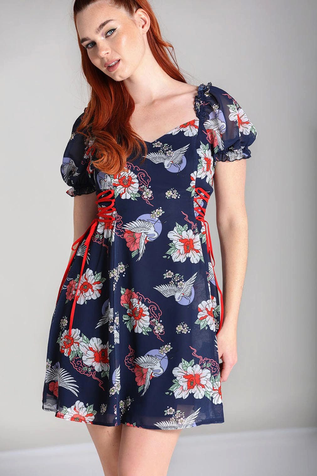 Hell Bunny Minikleid Misa Vintage Sommerkleid Schnürung Vögel Blumen Chiffon