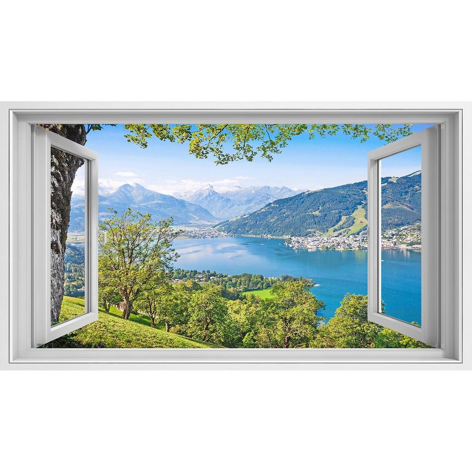 islandburner Leinwandbild Fensterblick Wunderschöne Landschaft mit Alpen  und Bergsee in Zell Am