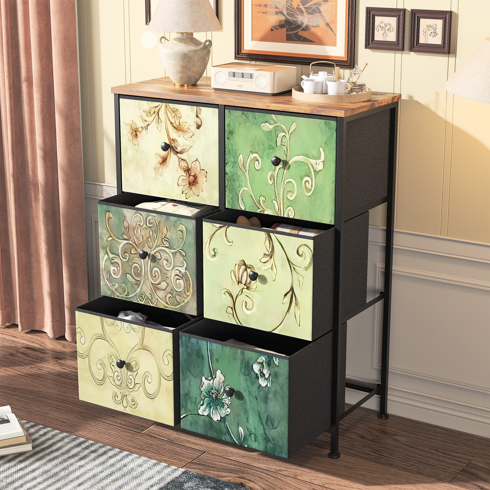 FUROKOY Kommode Stauraumschrank,Schrank Schlafzimmer,Metallrahmen,Retro Stil, Blumenmuster,6 Schubladen