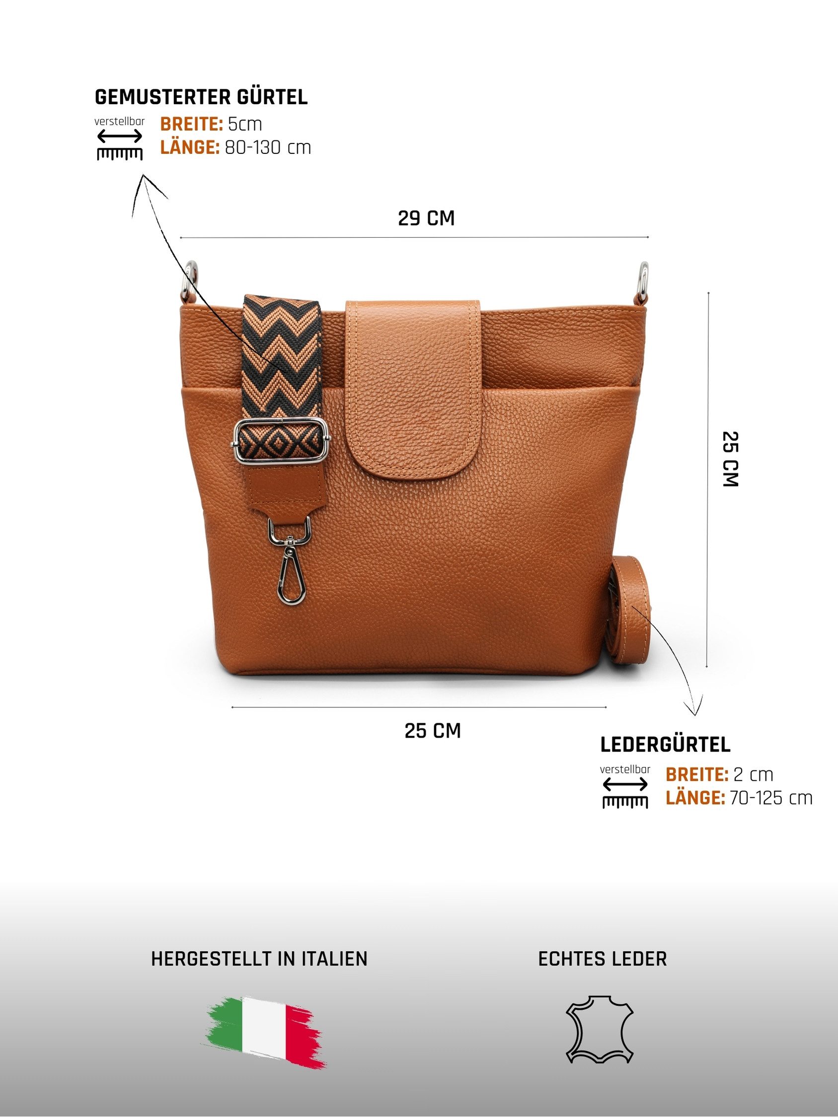 Adel Bags Schultertasche SARA Umhängetasche für Damen, Schultertasche aus Echtleder (Test SEHR GUT, Note 1.1), 20 Farboptionen, Hergestellt in Italien, mit 2 Riemen
