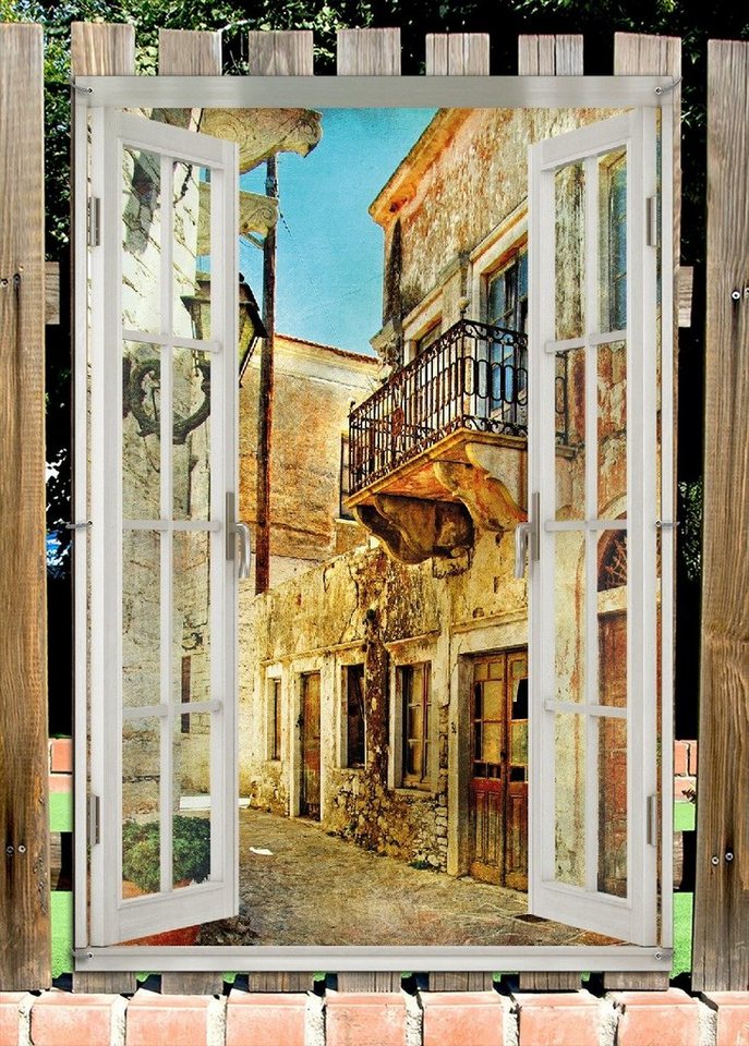 Thumbnail - Wallario Sichtschutzzaunmatten Gasse im Süden, Urlaub in Griechenland, mit Fenster-Illusion