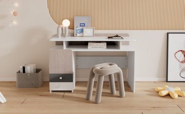 Rutaqian Schreibtisch Kinder-Schreibtisch mit drei Schubladen und einem Zwischengeschoss (Studenten-Schreibtisch für Schlafzimmer & Arbeitszimmer, Studientisch, Computertisch, für 8-15 Jahre alt Teenager)