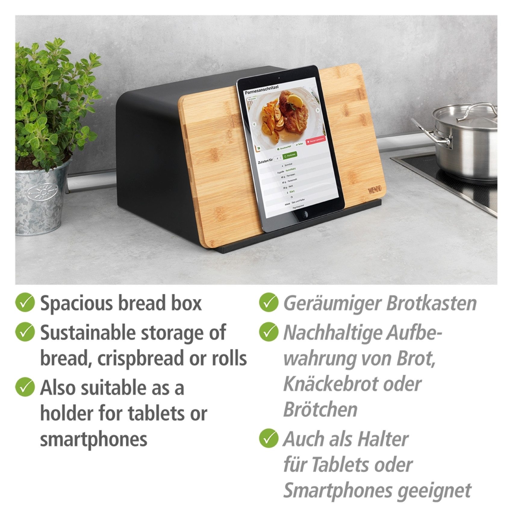 WENKO Brotkasten Modell Kubo, Bambus, Kunststoff, (1-tlg), moderne Brotbox mit integriertem Schneidebrett als Deckel