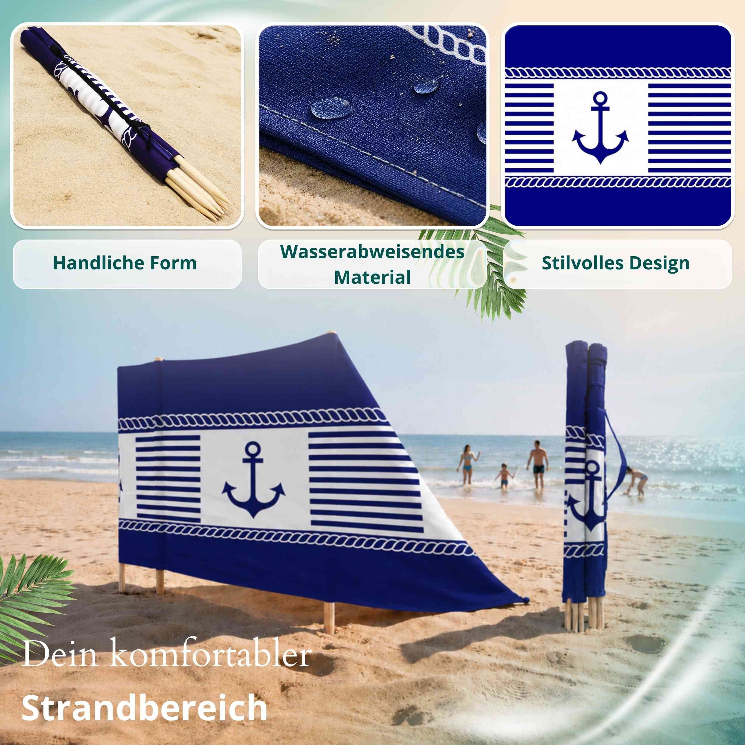 Lantigo Windschutz Sichtschutz Sonnenschutz Strandparavent aus Mikrofaser – portabel, (Blaue Anker, Länge: 4 m), - Faltbarer Sonnenschutz für Strand, Camping &  – Bild 3 von 5