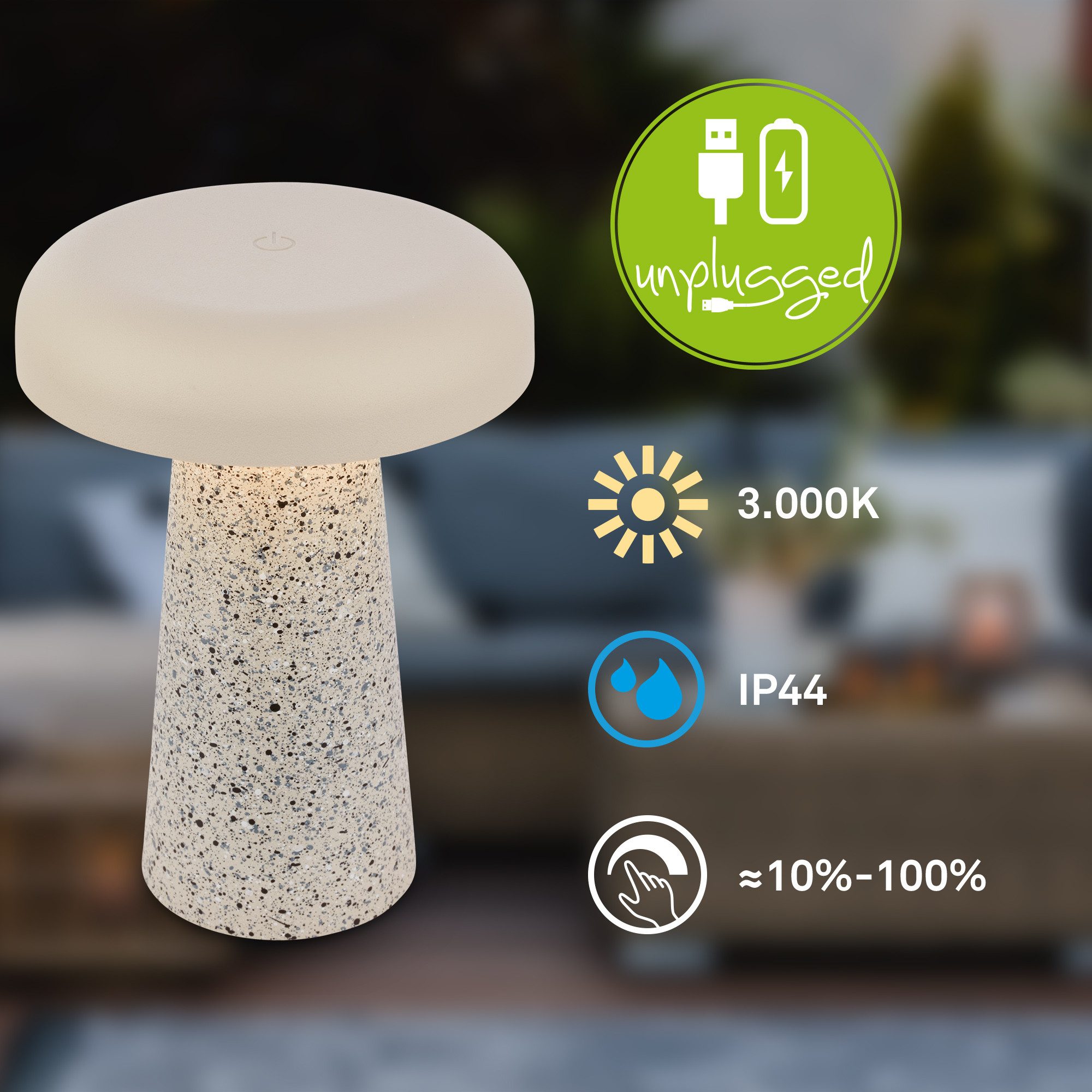 Briloner Leuchten LED Tischleuchte Tischlampe kabellos Akku USB-C Touch dimmbar Steinoptik Grau Schwarz, LED wechselbar, 3000K, 12x17 cm, Akku tauschbar, Indoor/Outdoor, Wohnzimmer, Flur, Balkon