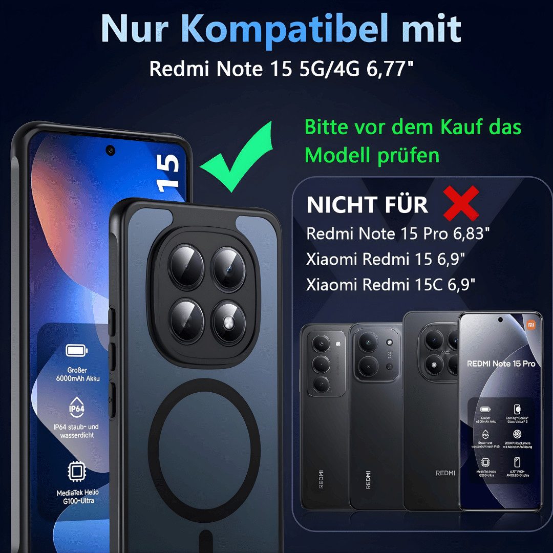 SmartUP Smartphone-Hülle + 2X Schutzglas für Xiaomi Redmi Note 15 5G / 4G MagSafe Case Full 9H 6,67 Zoll, MagSafe-Technologie, integrierter Kameraschutz