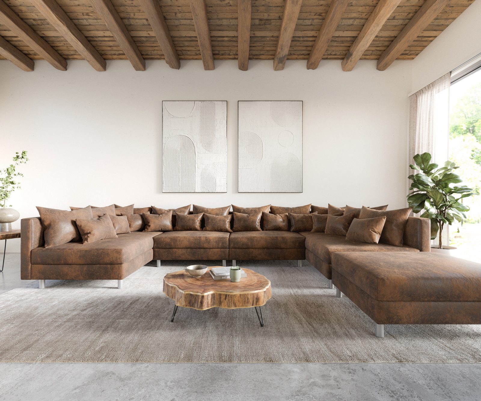 DELIFE Wohnlandschaft Clovis, XL Braun Antik Optik mit Hocker Wohnlandschaf günstig online kaufen