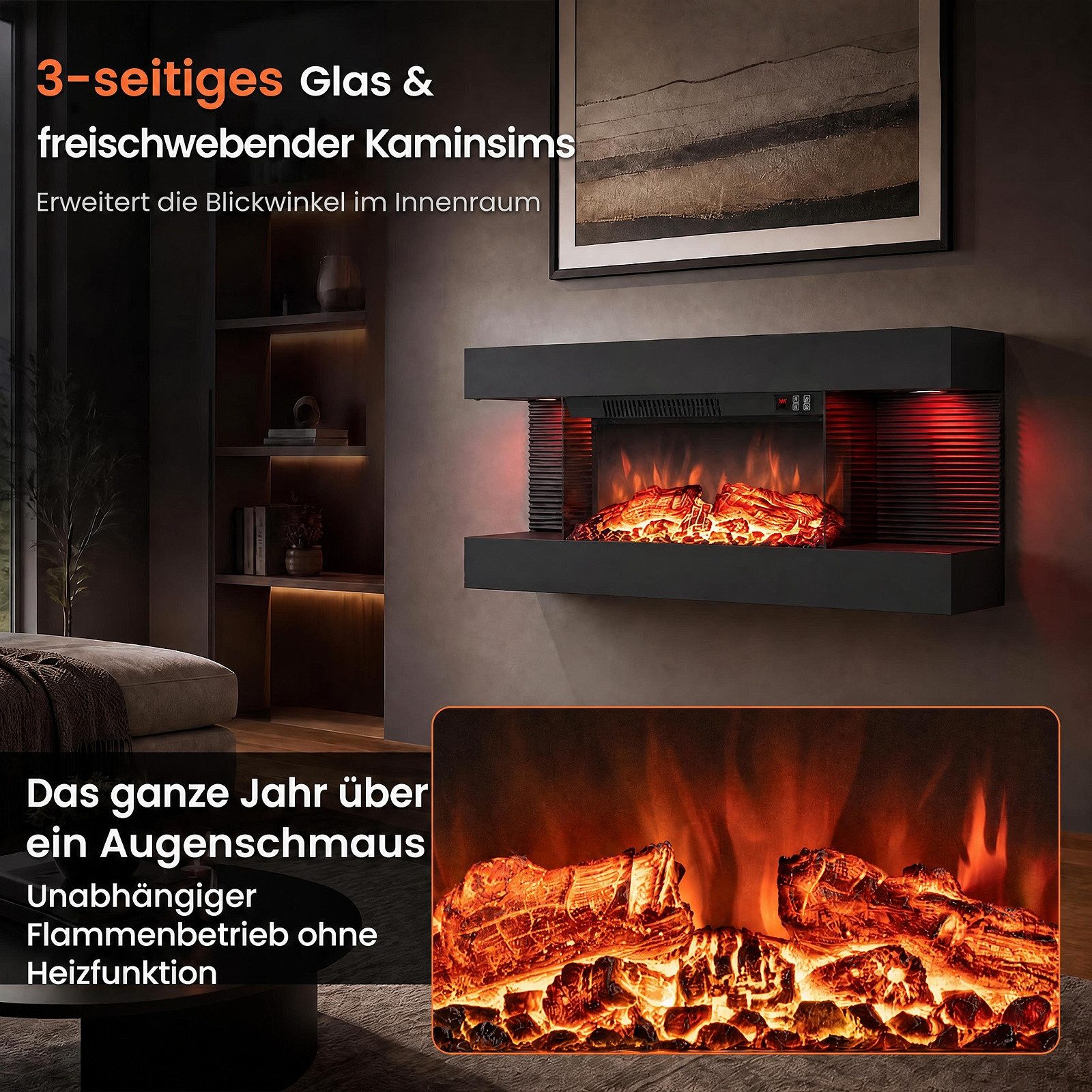 COSTWAY Elektrokamin Wandkamin mit LED-Seitenlichtern, 3D-Flammeneffekt – Bild 5 von 5