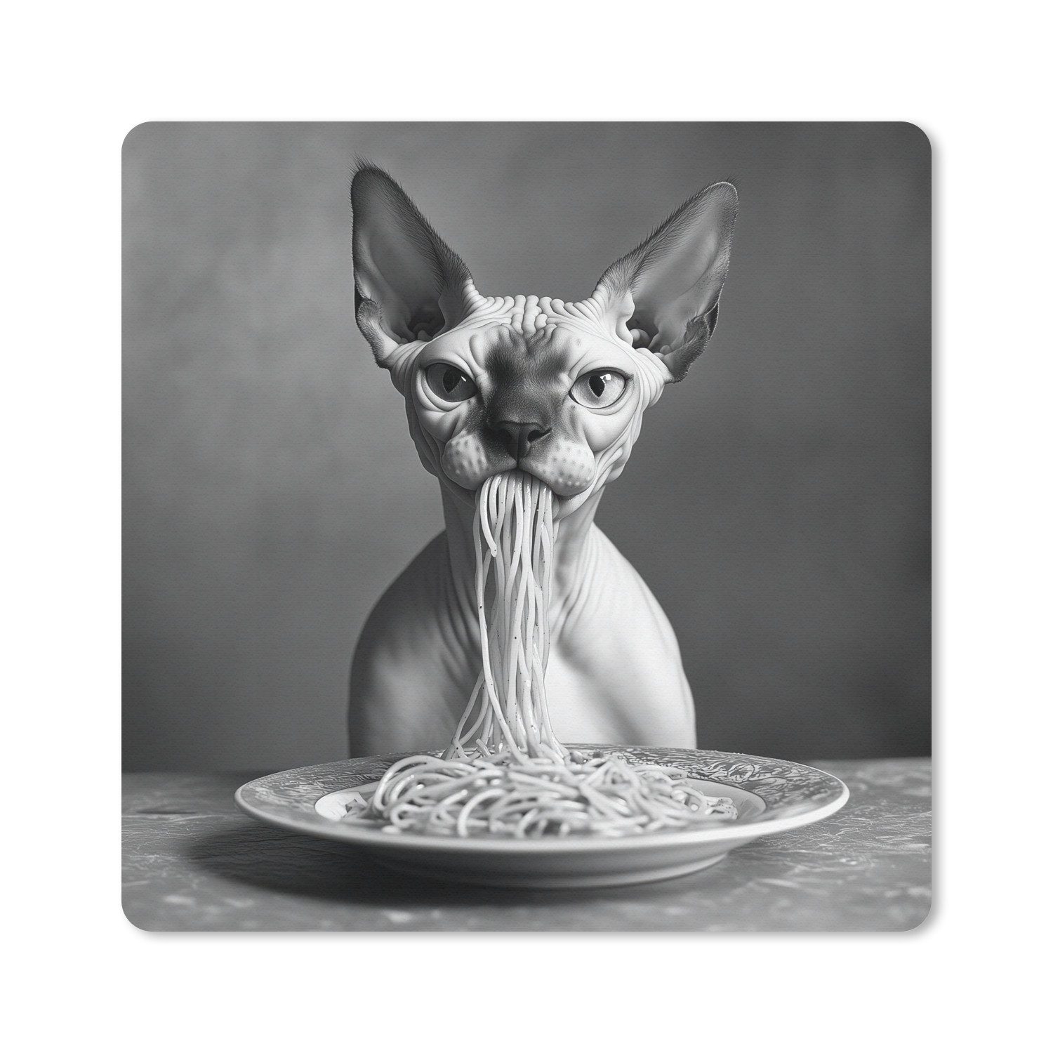 MuchoWow Mauspad Sphynx - Katze - Tiere - Humor - Spaghetti - Schwarz und Weiß (1-St), Mauspad, Büro Zubehör, Dekoration, Desk Mat, 30x30 cm