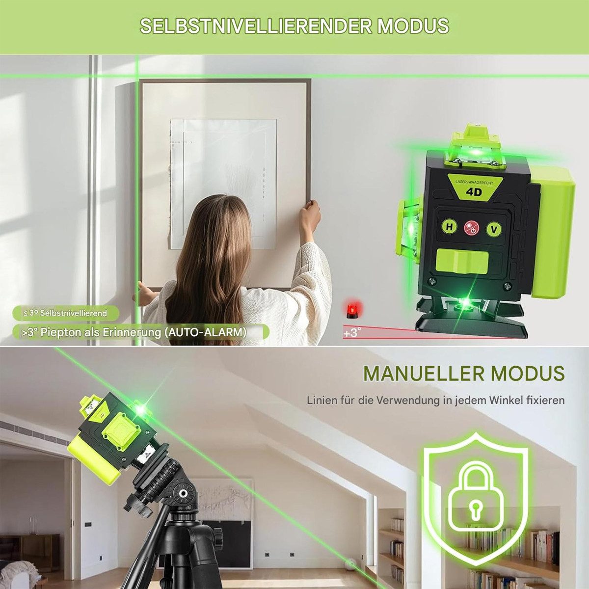AeroAxis Laserwasserwaage 4D Kreuzlinienlaser, 16 grüne 360°-Linien, Selbstnivellierend, IP54, (Set), 4x 360°-Design, Fernbedienung, 2x Batterie für Innenbereich Baustelle