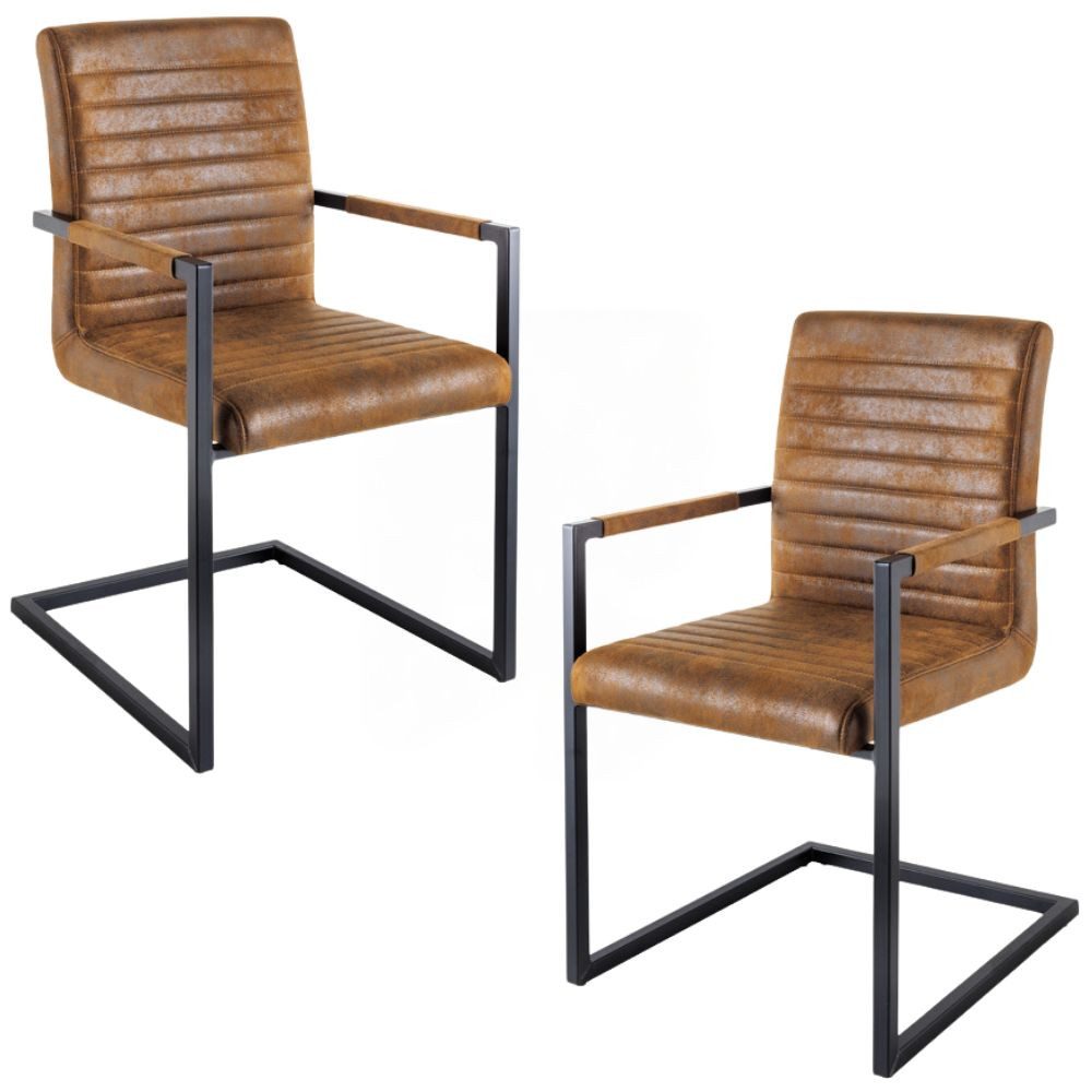 LebensWohnArt Stuhl 2er Set Freischwinger MENGA vintage-braun Industrial-Look