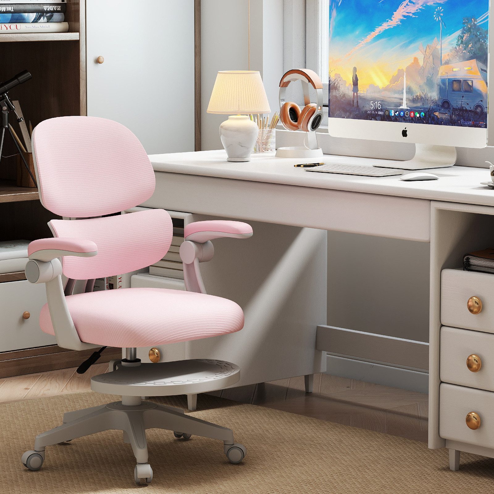 JOYLDIAS Schreibtischstuhl Ergonomischer Kinderstuhl mit Rückenlehne & Fußablage (1 St), Bürostuhl-Drehstuhl für Kinder & Jugendliche mit klappbaren Armlehnen – Bild 4 von 5