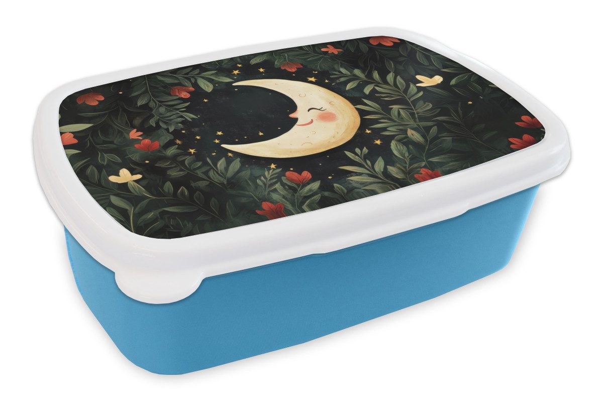 MuchoWow Lunchbox Mond - Blumen - Nachthimmel, Kunststoff, (2-tlg), Brotdose, Lunchbox, Brotbox für Kinder und Erwachsene