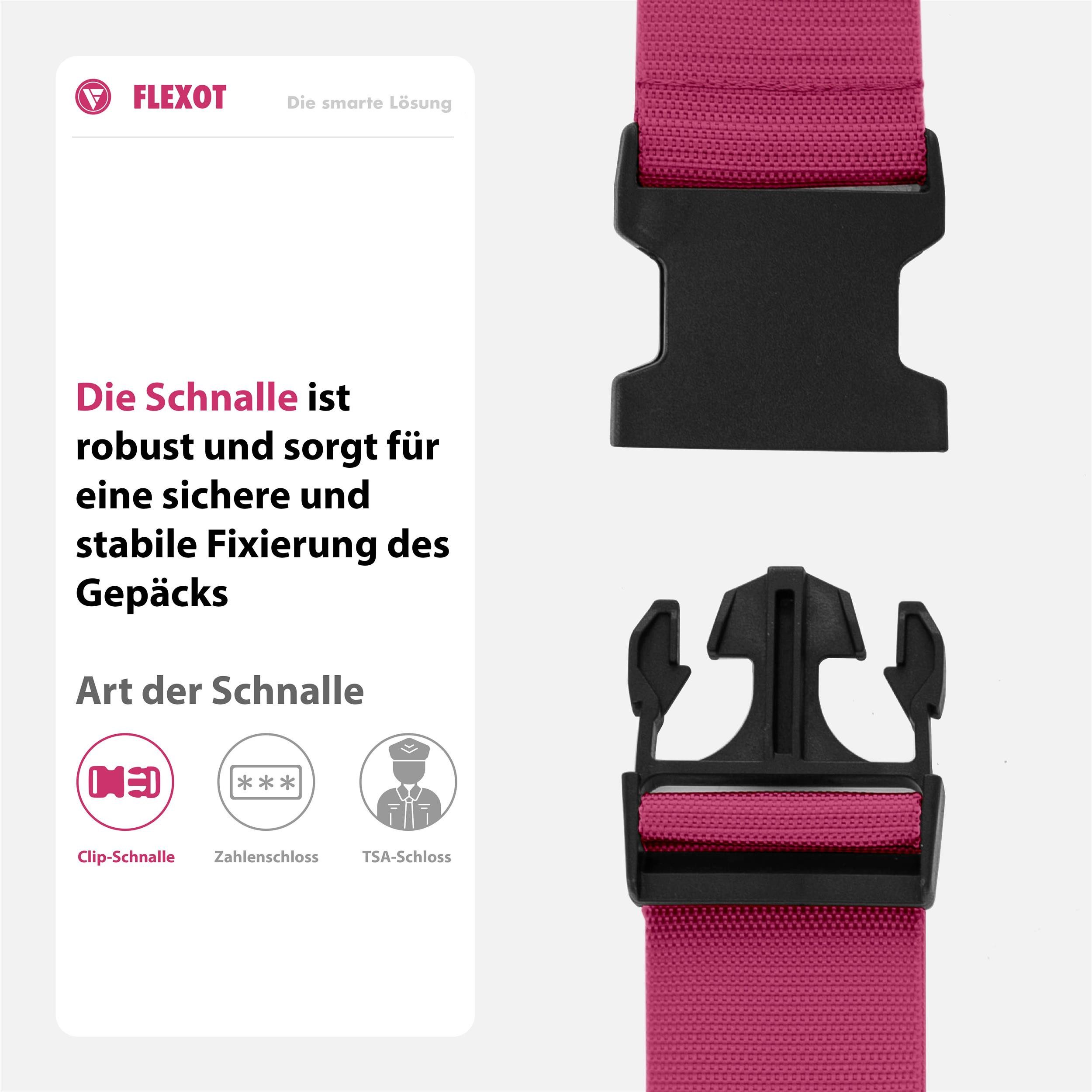 Flexot Koffergurt Koffergurt mit Clip-Schnalle, verstellbare Länge, Namensschild, Flexibel anpassbarer und stabiler Gurt mit praktischer Schnalle