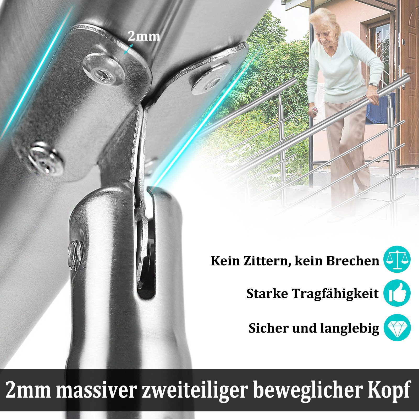 FIVMEN Treppengeländer Handlauf Edelstahl Geländer mit 2 Pfosten Brüstungsgeländer, 80 cm Länge, 0-tlg., für Treppen, Brüstung, Balkon
