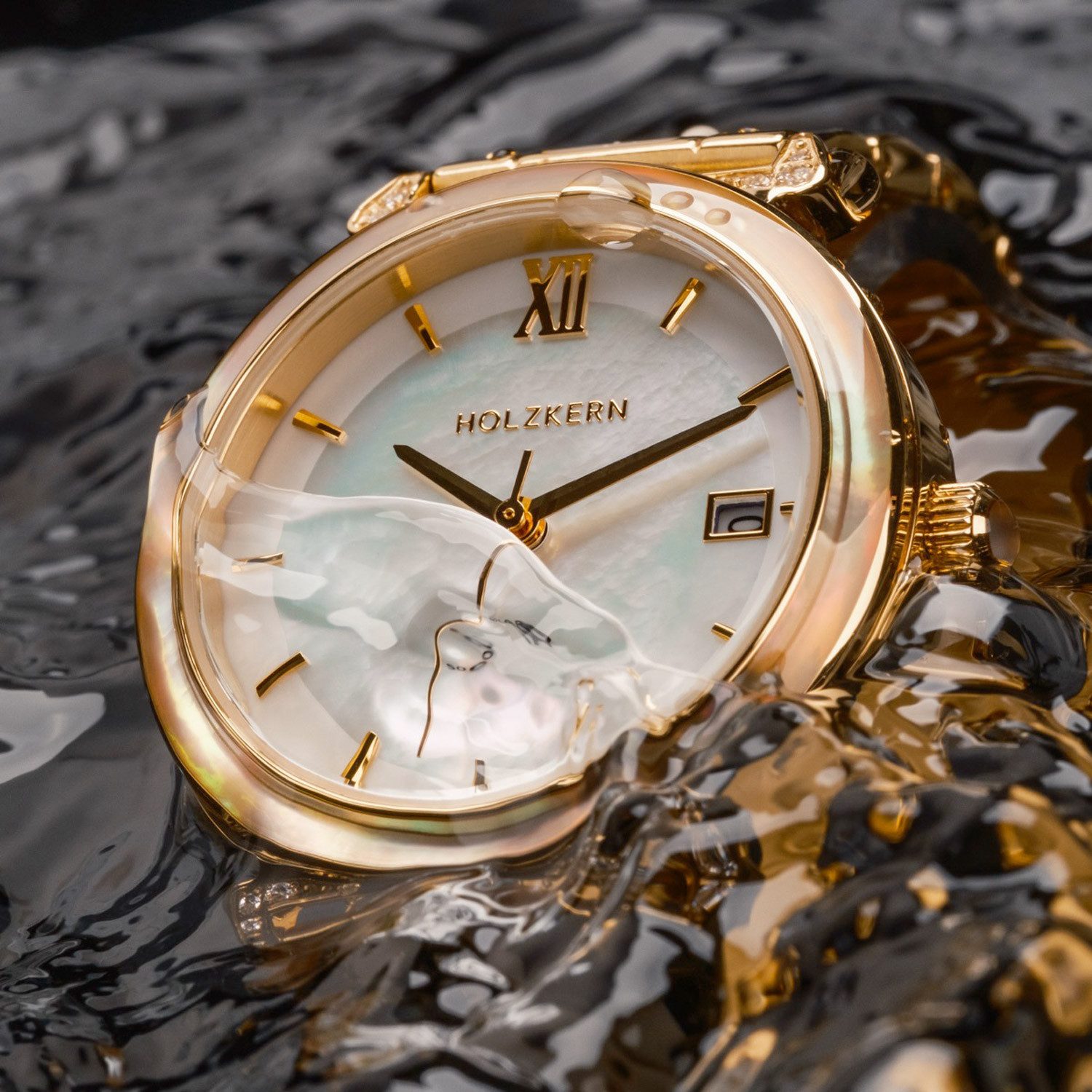 Holzkern Solaruhr Damen-Sunglister Weißes Perlmutt/Goldfarben