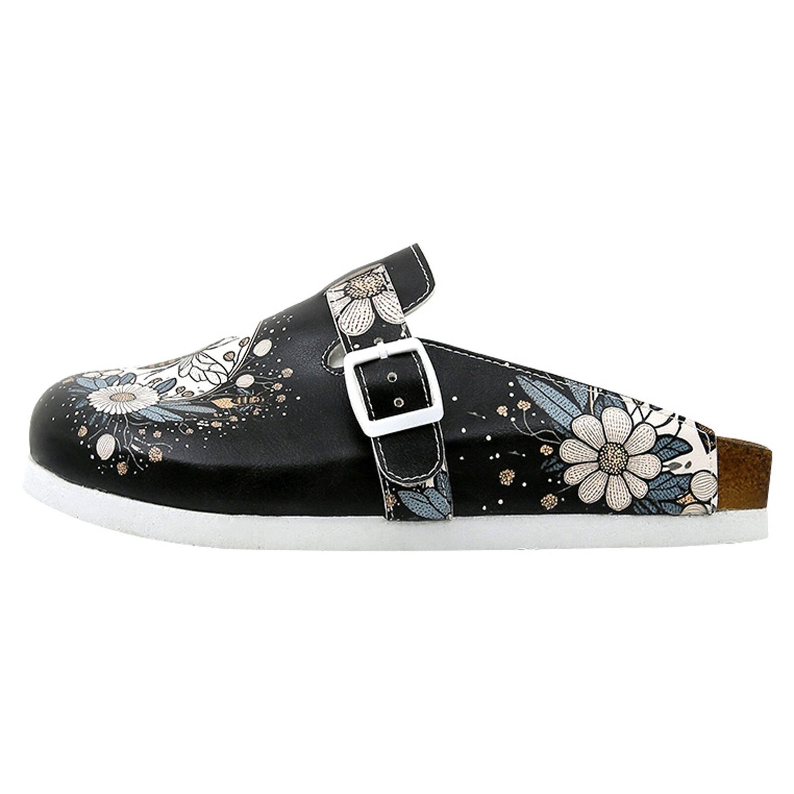 DOGO Comfie Pantoletten Hausschuhe Bee With Flowers Damen Sandalen Hausschuh Handgefertigt
