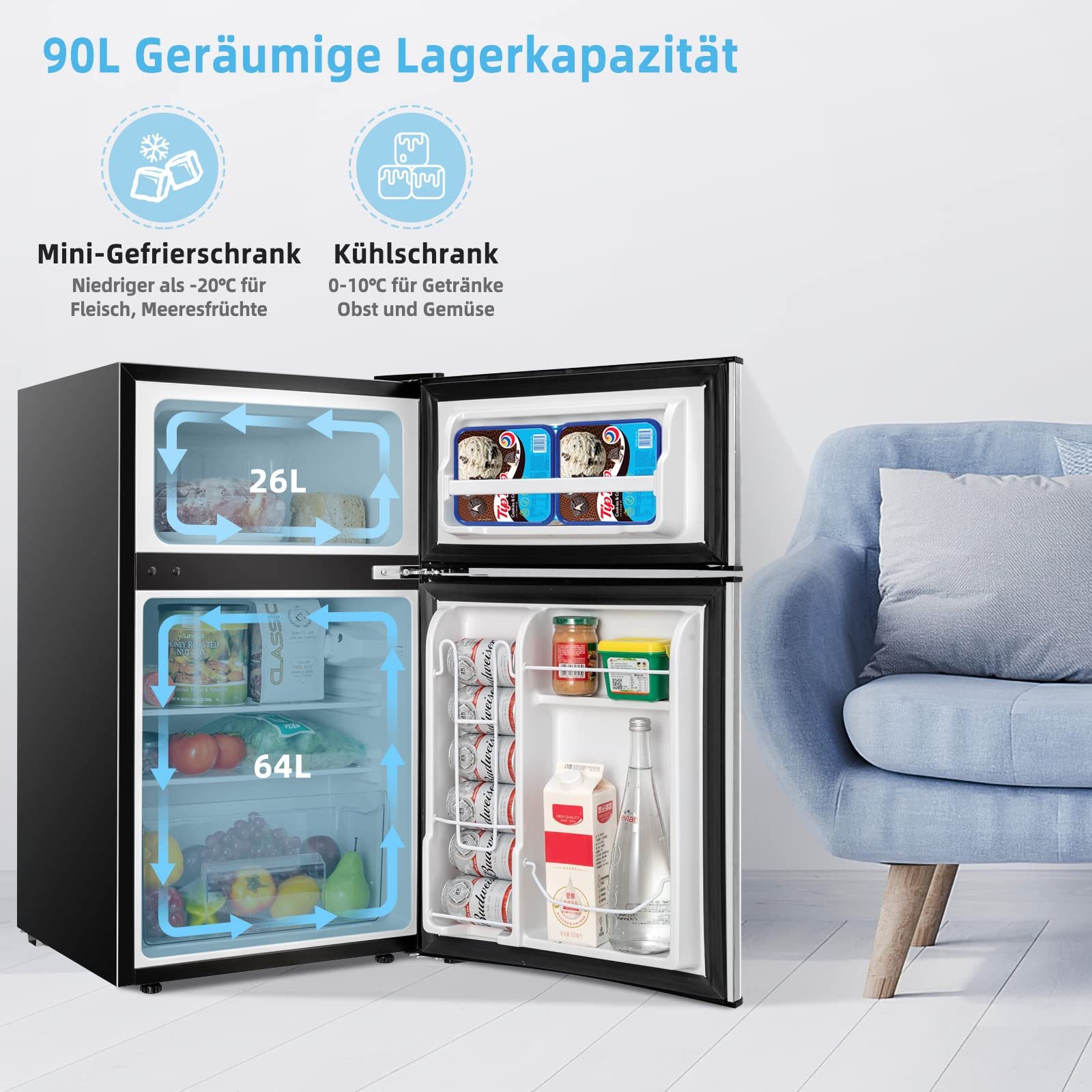 COSTWAY Kühlschrank BCD-90, 86 cm hoch, 48.5 cm breit, Gefrierkombination