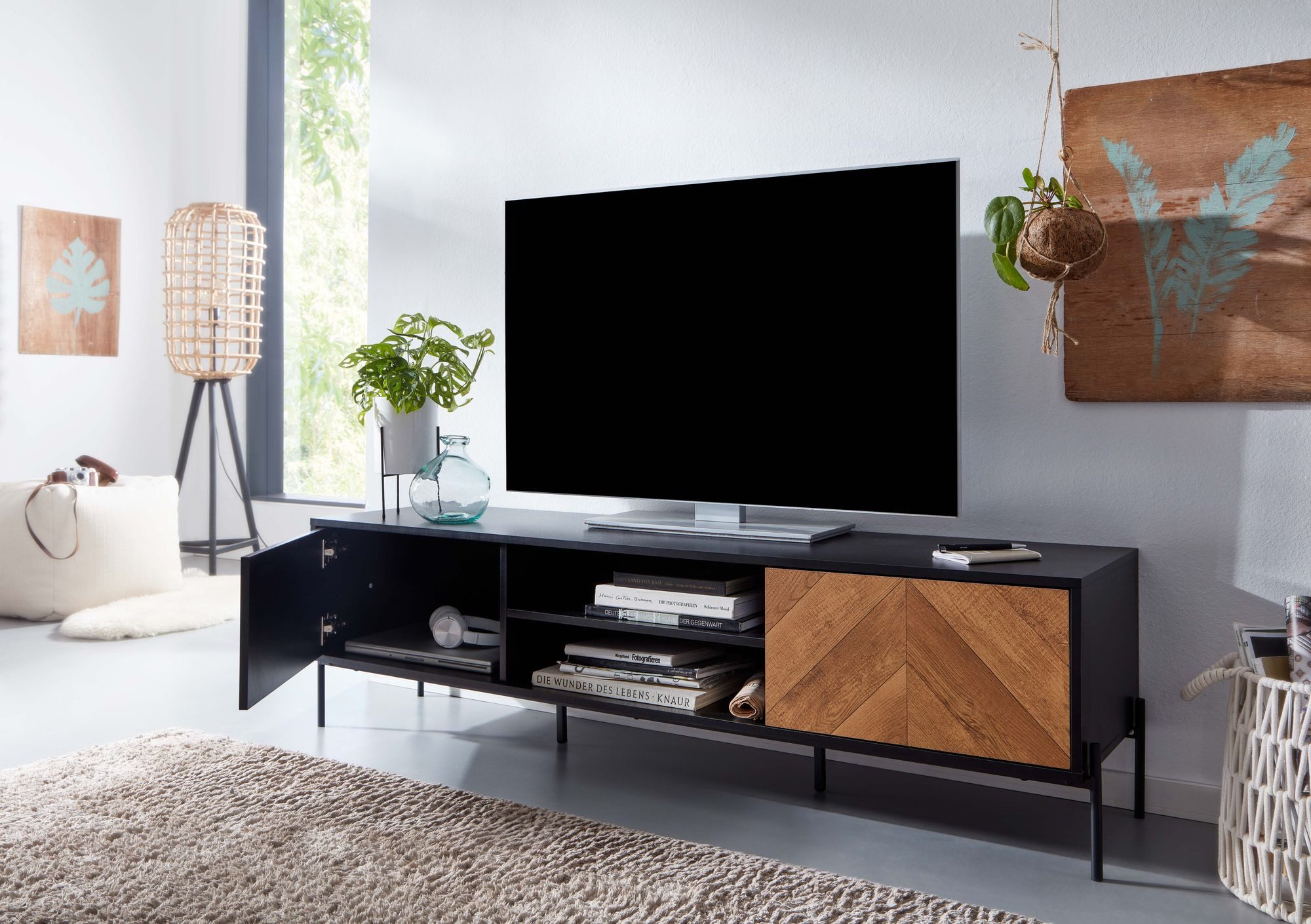 FineBuy Lowboard Holz Schwarz / Eiche-Dekor 163x45x40 cm TV-Kommode mit zwei Türen, Design TV-Schrank Hoch, Fernsehtisch Fernsehschrank Modern, Fernsehkommode W – Bild 2 von 5