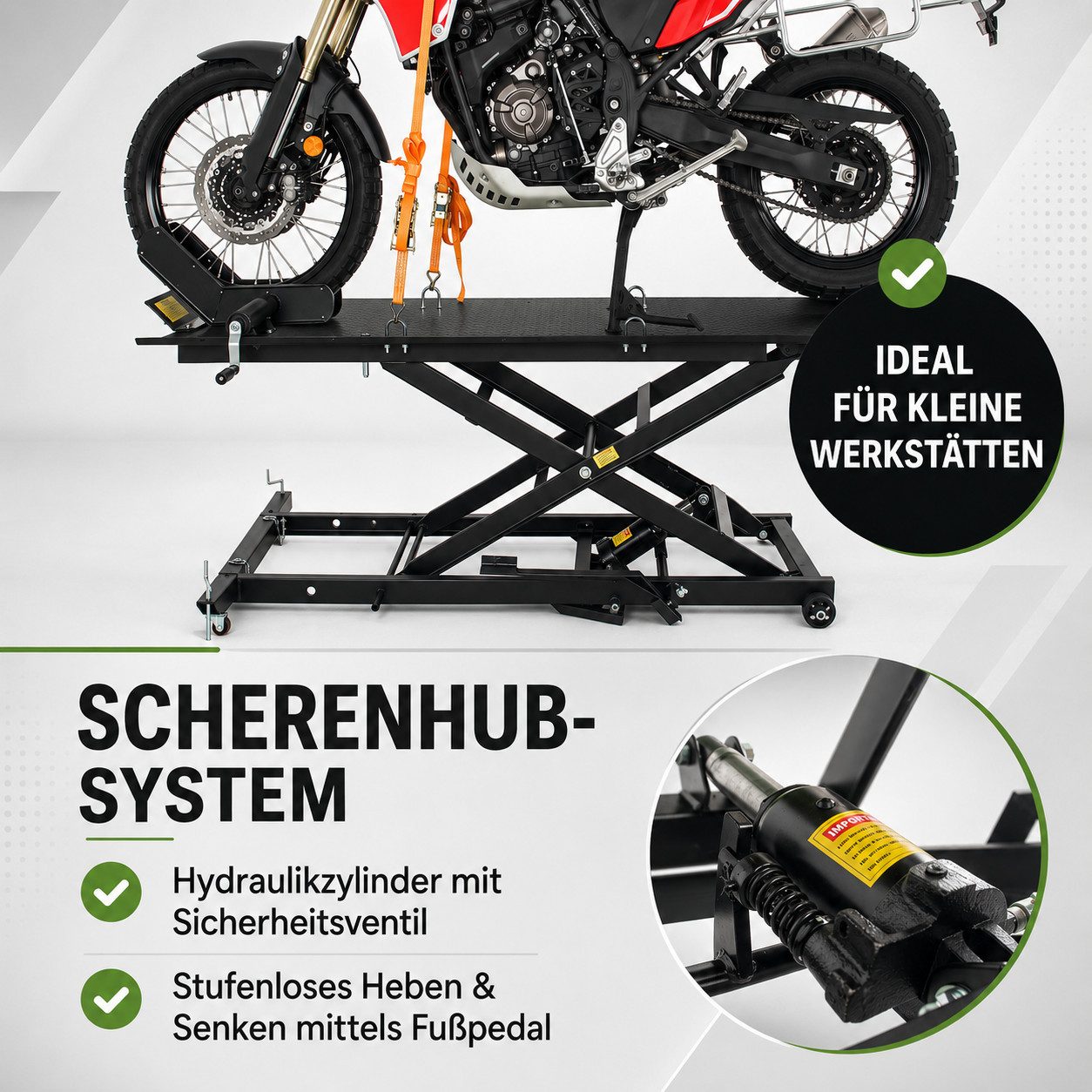 TRUTZHOLM Hydraulikheber Motorradhebebühne hydraulisch 560 kg Breite 60 cm Scherenheber Heber, (1 St), Platzsparend verstaubar, abnehmbare Auffahrrampe, stufenl – Bild 5 von 5