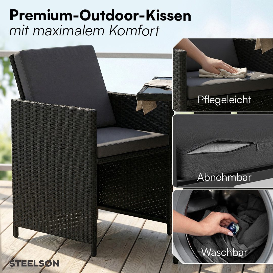 STEELSØN Gartenlounge-Set Xenara mit 2 Stühlen und Tisch, Rattan Sitzgruppe, (3-teilig, schwarz/anthrazit), platzsparend, klappbare Stühle mit Sitzkissen – Bild 5 von 5