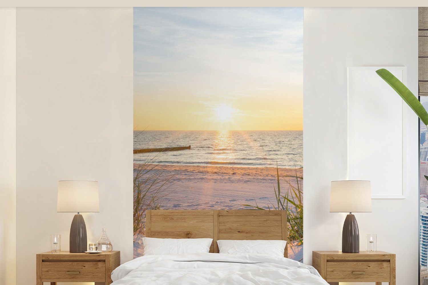 MuchoWow Fototapete Strand - Sonne - Düne - Gras - Sand - Horizont, Matt, bedruckt, (2 St), Vliestapete für Wohnzimmer Schlafzimmer Küche, Fototapete