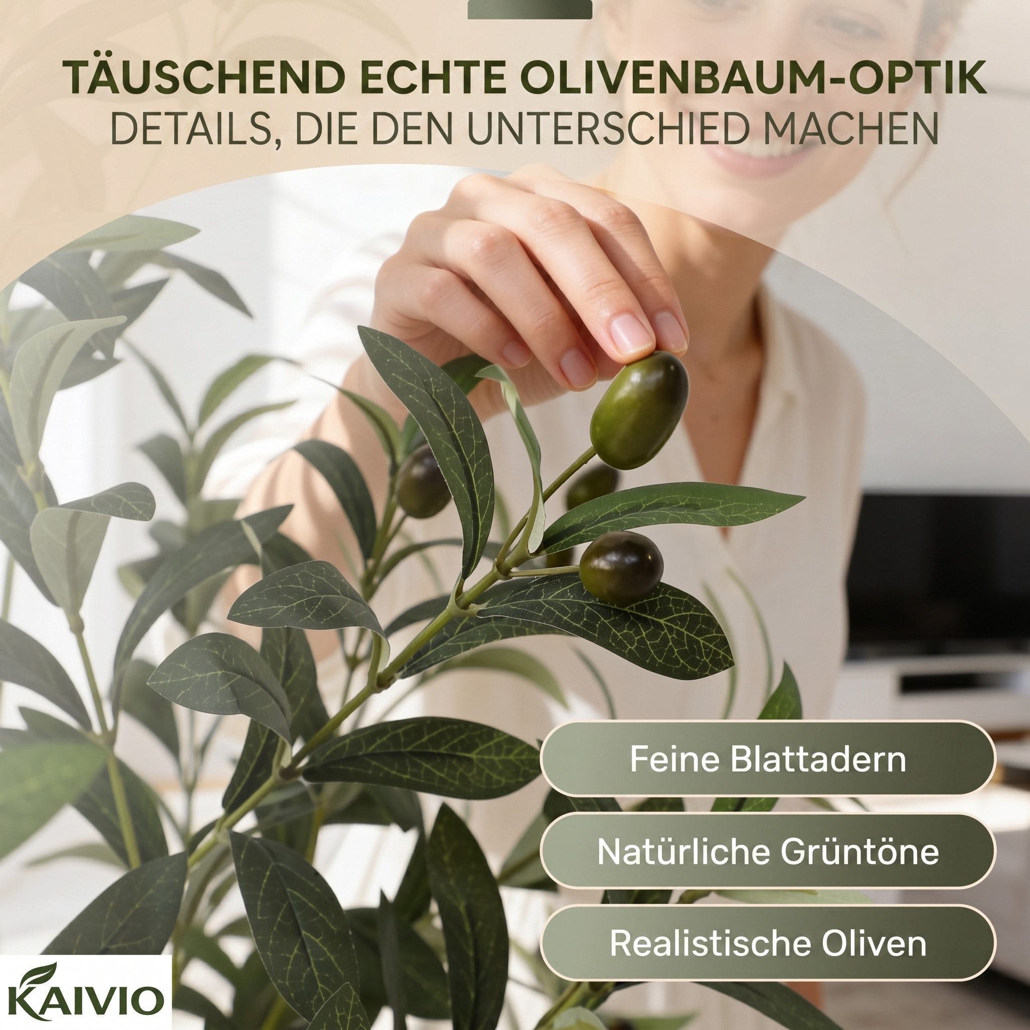 Kunstbaum KAIVIO Künstlicher Olivenbaum 150 cm Classic, Kaivio, Höhe 150 cm, Naturgetreue Optik mit 720 Blättern und 40 Oliven – Bild 2 von 5