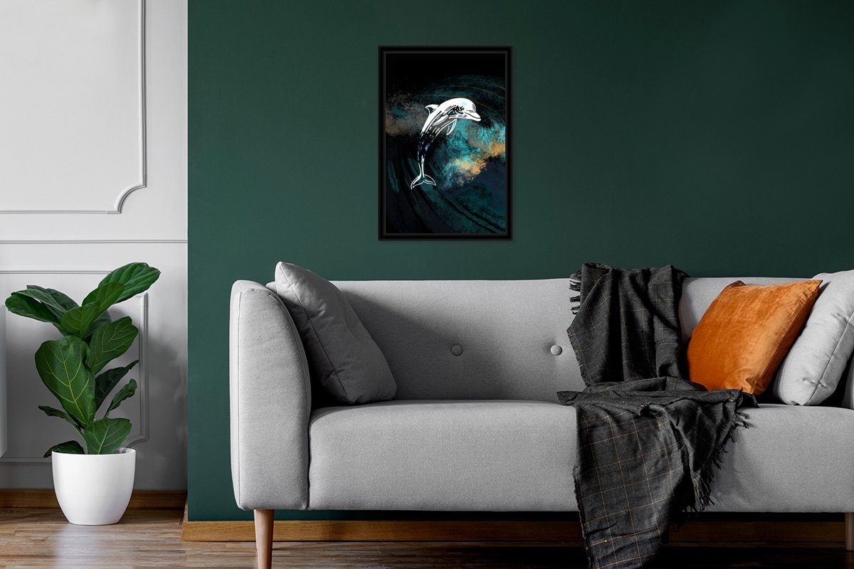 Gerahmtes Fisch, Bilderrahmen - - Schwarzem Golf Poster - Delfin Wanddeko, Bilder, (1 St), Tier MuchoWow Poster, Wandposter,