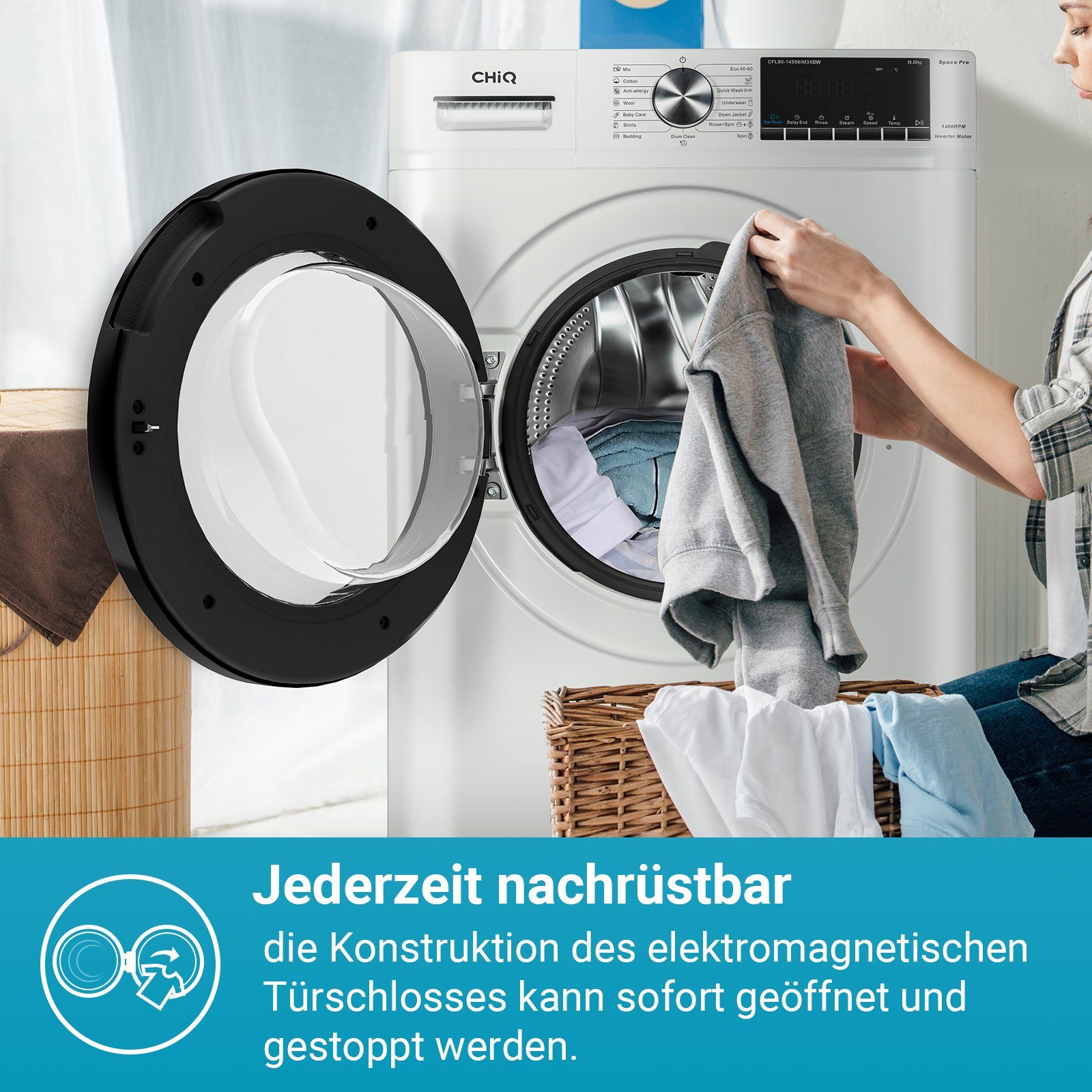 Masina de spalat rufe CHiQ CFL80-14586IM3XBW, 8 kg, motor inverter, spalare cu abur, curatare rapida, blocare copii