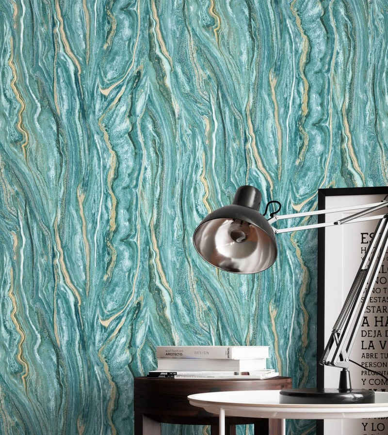 Newroom Vliestapete, Grün Tapete Glamour Marmor - Marmortapete Gold Modern Edel für Wohnzimmer Schlafzimmer Küche
