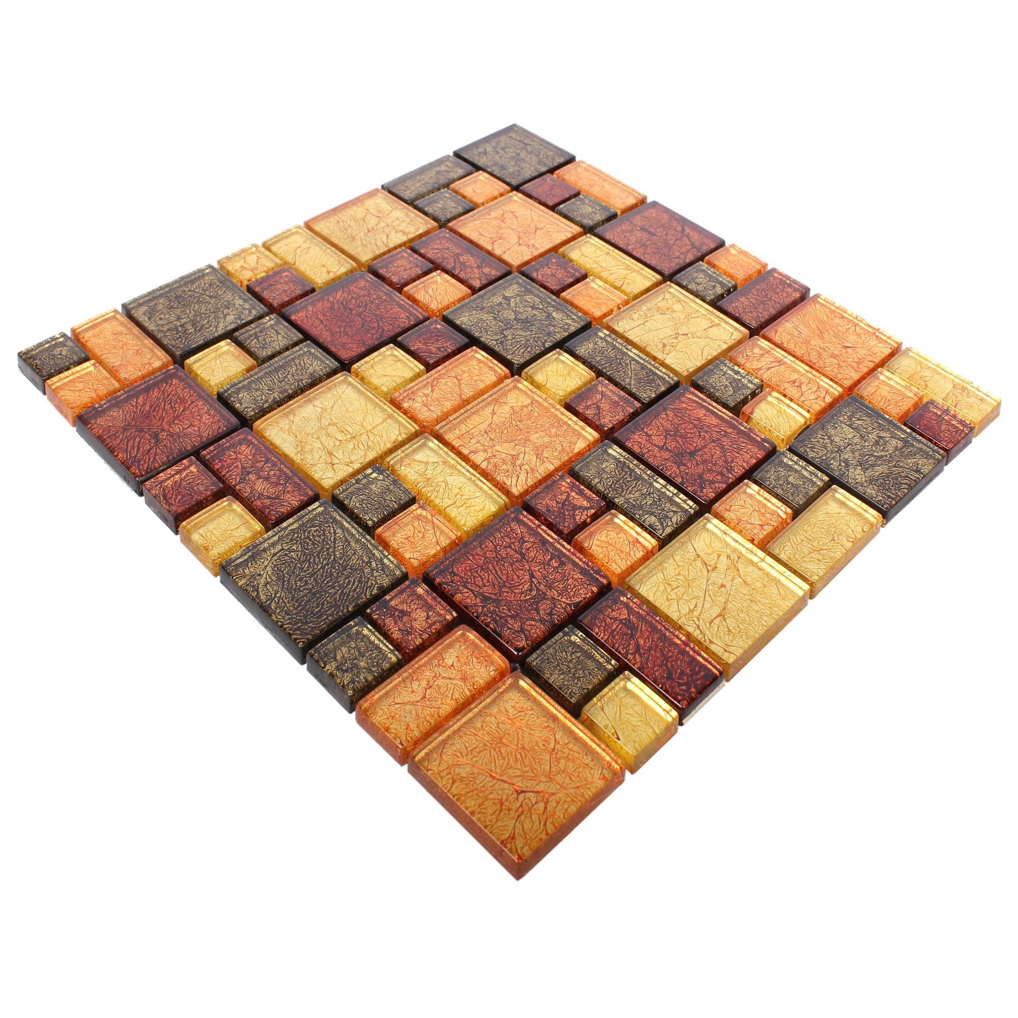 Mosafil Mosaikfliesen Glasmosaik Fliesen Curlew 2Mix, Glas 30.000x30.000, rot-gelb-orange, Verlegefertig auf ein Netz geklebt - Wasserfest